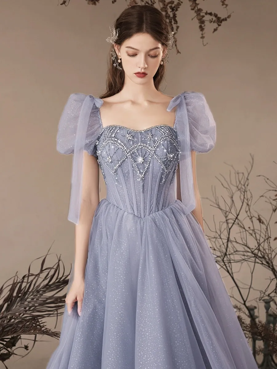 A-Line Gray Blue Long Prom Dress, Gray Blue Sequin Beads Long Formal Dress