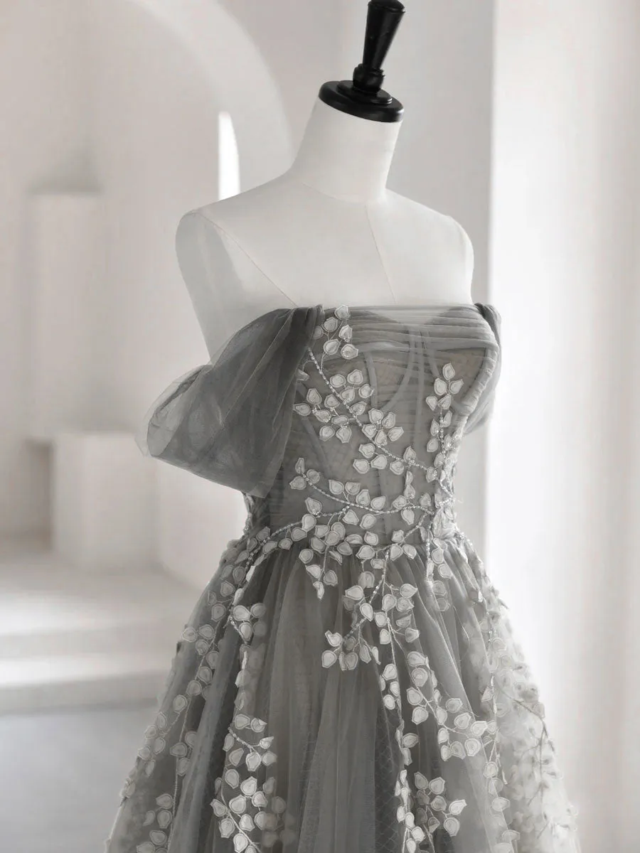 A-Line Off Shoulder Tulle Lace Gray Long Prom Dress, Gray Tulle Lace Formal Dress