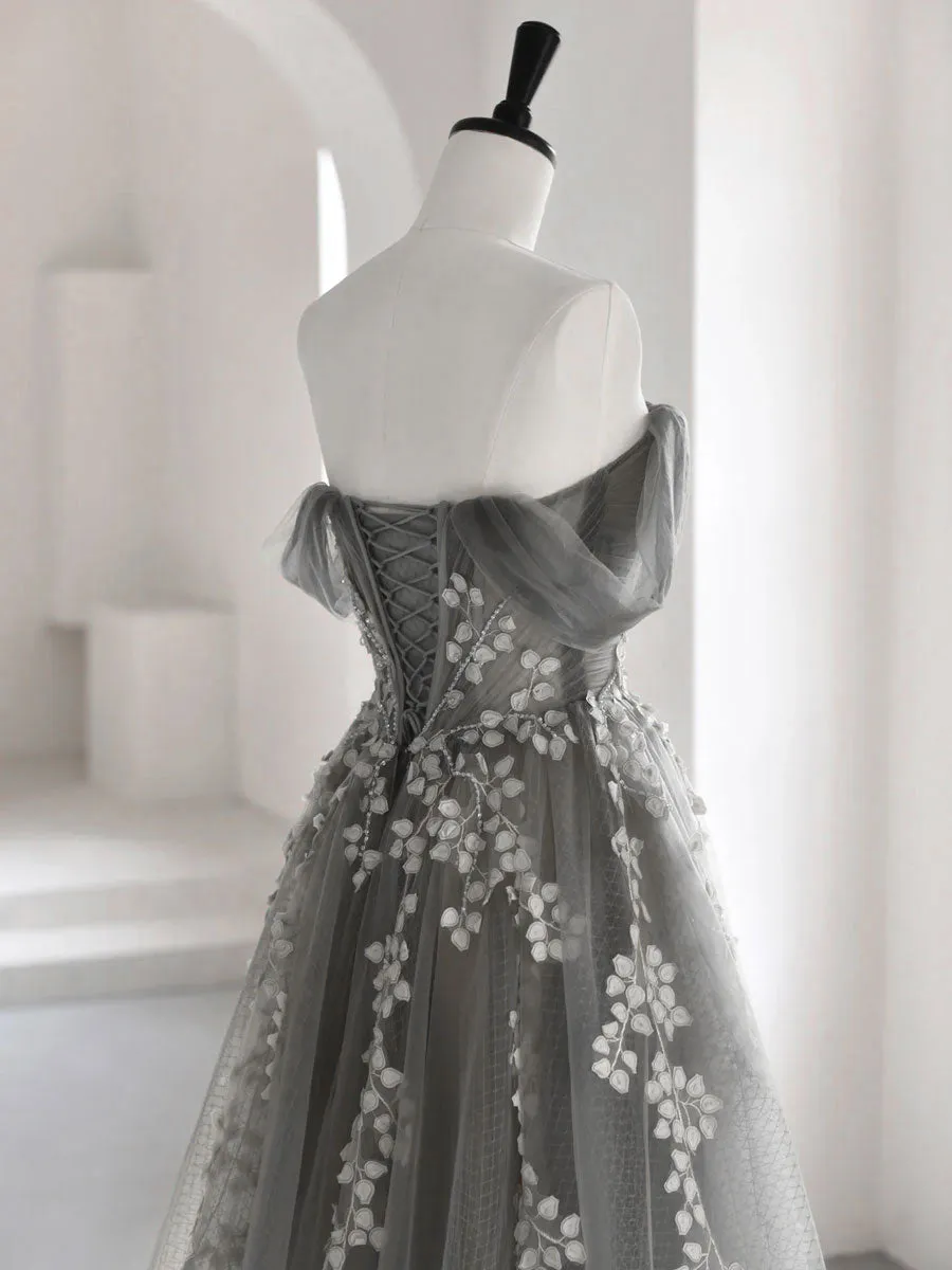 A-Line Off Shoulder Tulle Lace Gray Long Prom Dress, Gray Tulle Lace Formal Dress