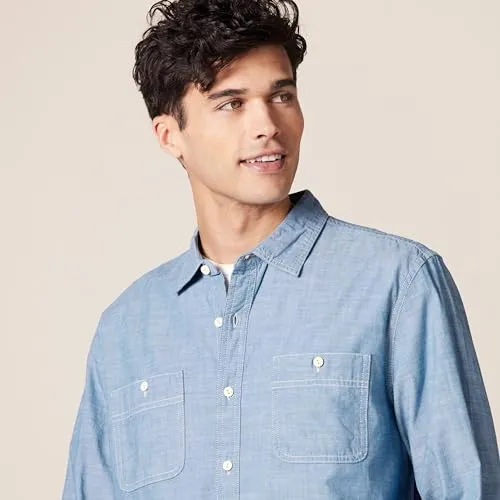 Amazon Essentials Men's Regular-Fit Long-Sleeve Chambray Shirt, Blue, X-Small