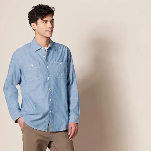 Amazon Essentials Men's Regular-Fit Long-Sleeve Chambray Shirt, Blue, X-Small