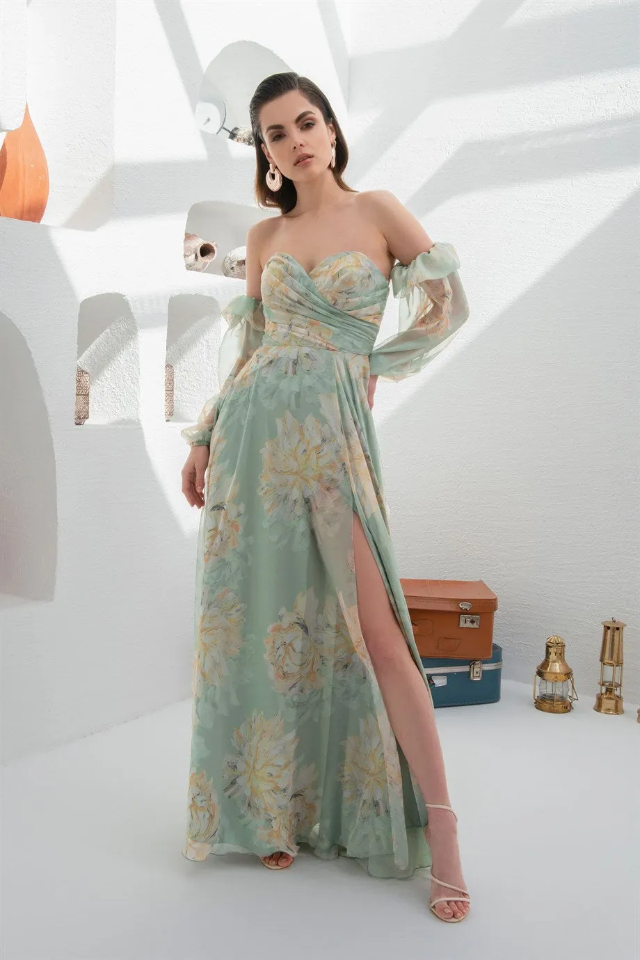 Angelino Çağla Empirme Low Sleeve Slit Long Evening Dress