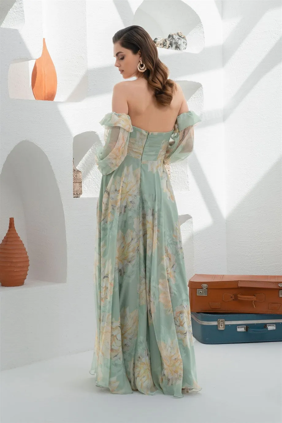 Angelino Çağla Empirme Low Sleeve Slit Long Evening Dress
