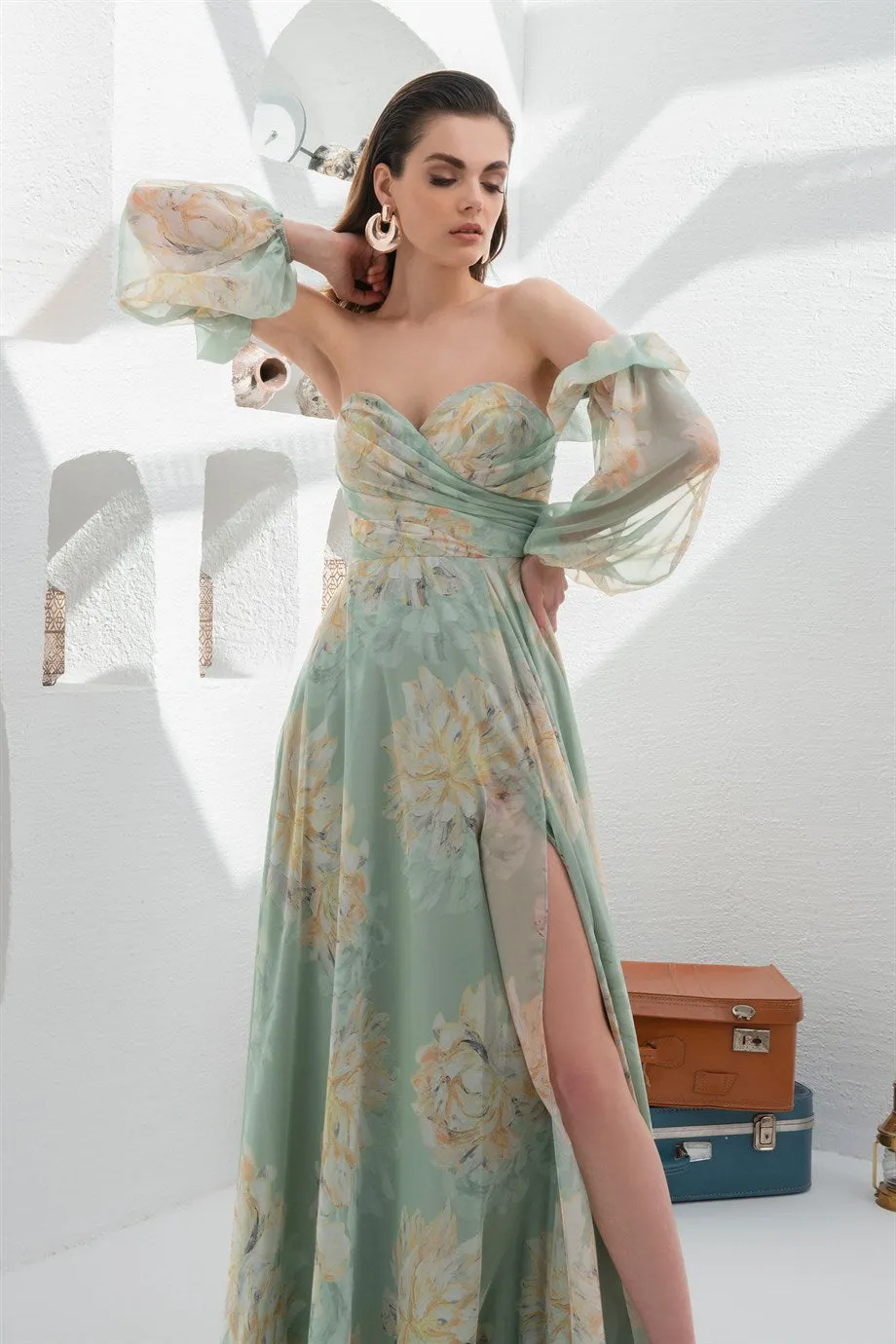 Angelino Çağla Empirme Low Sleeve Slit Long Evening Dress