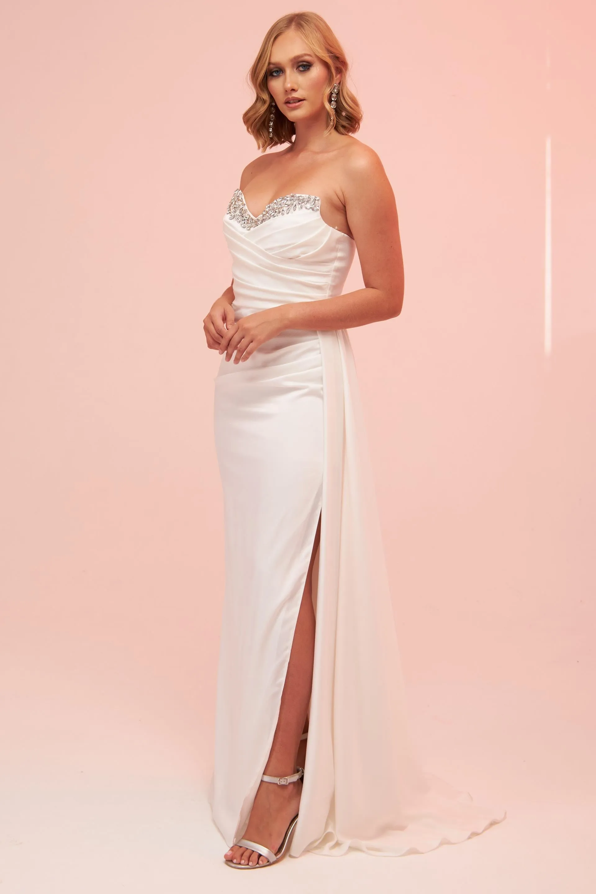 Angelino Ecru Satin Strapless Stoned Long Evening Dress