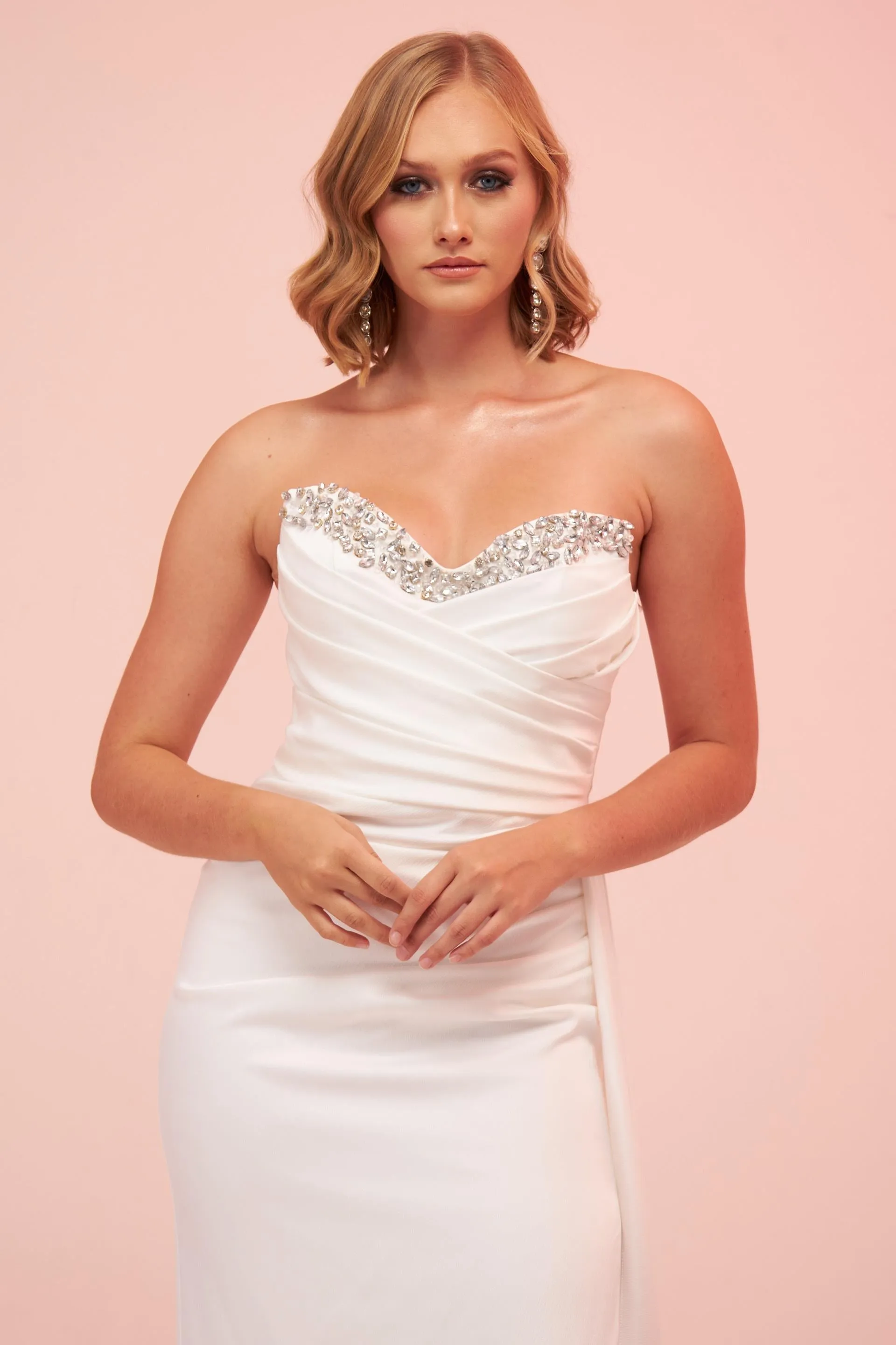 Angelino Ecru Satin Strapless Stoned Long Evening Dress