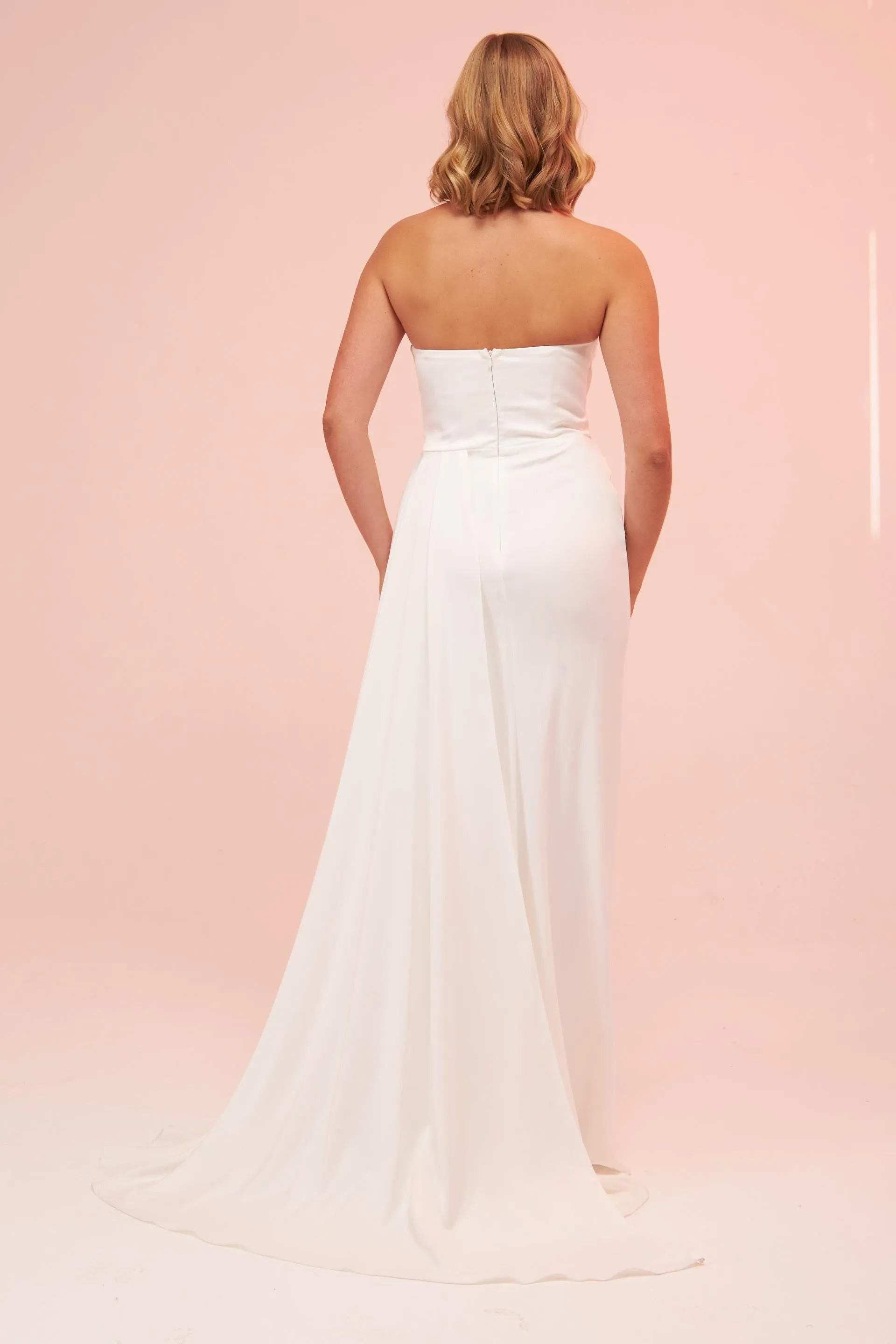 Angelino Ecru Satin Strapless Stoned Long Evening Dress