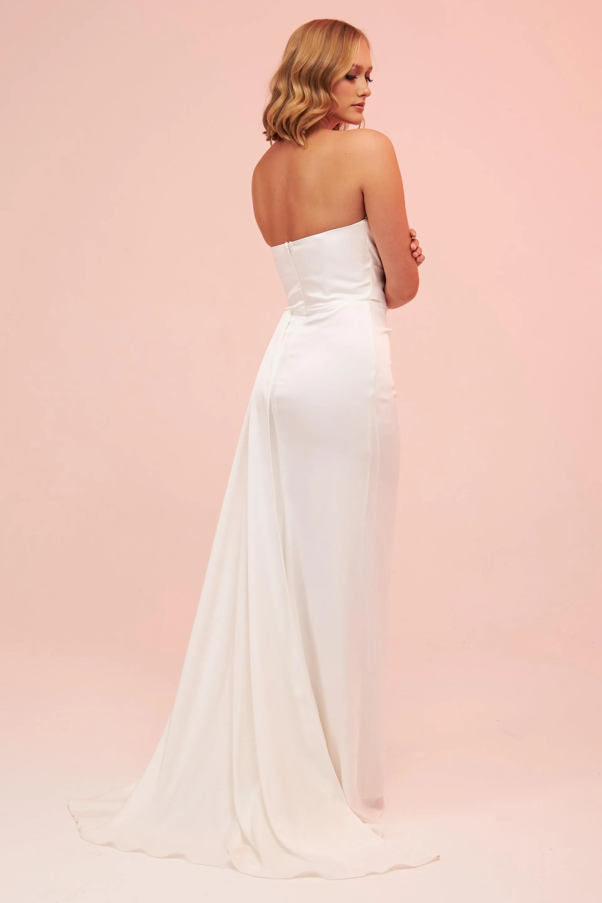 Angelino Ecru Satin Strapless Stoned Long Evening Dress