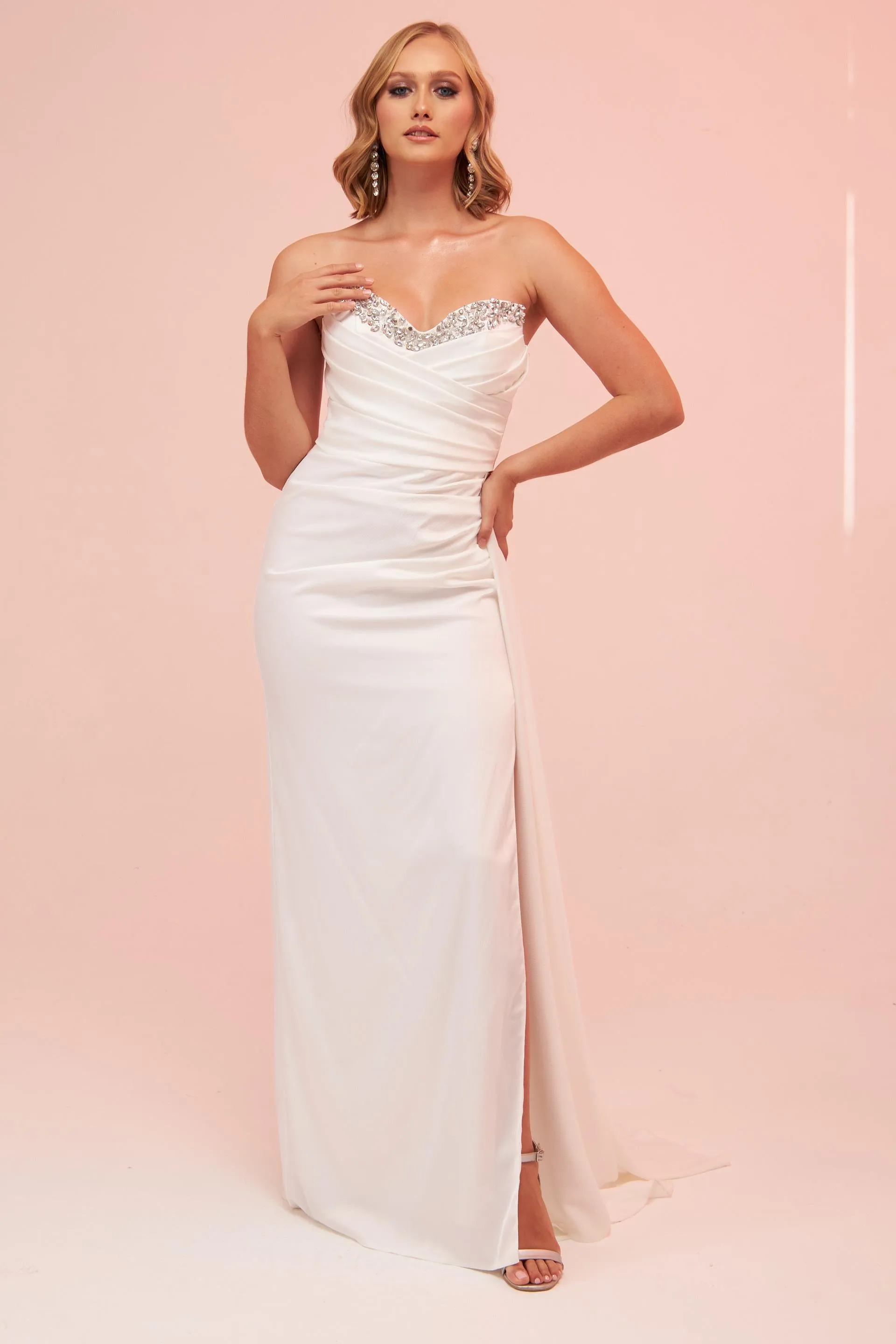 Angelino Ecru Satin Strapless Stoned Long Evening Dress