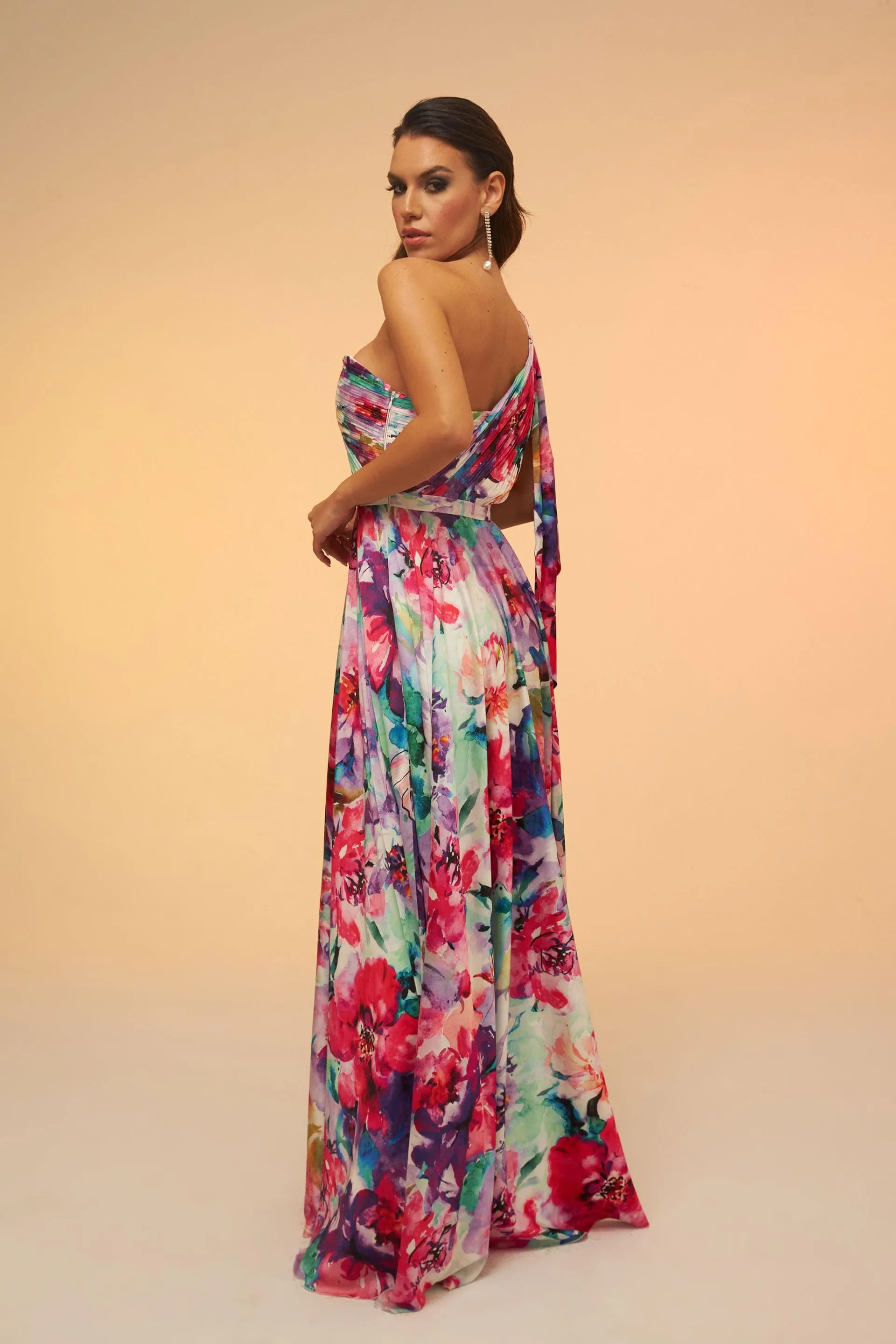 Angelino Fuchsia Printed Single Sleeve Long Evening Dress
