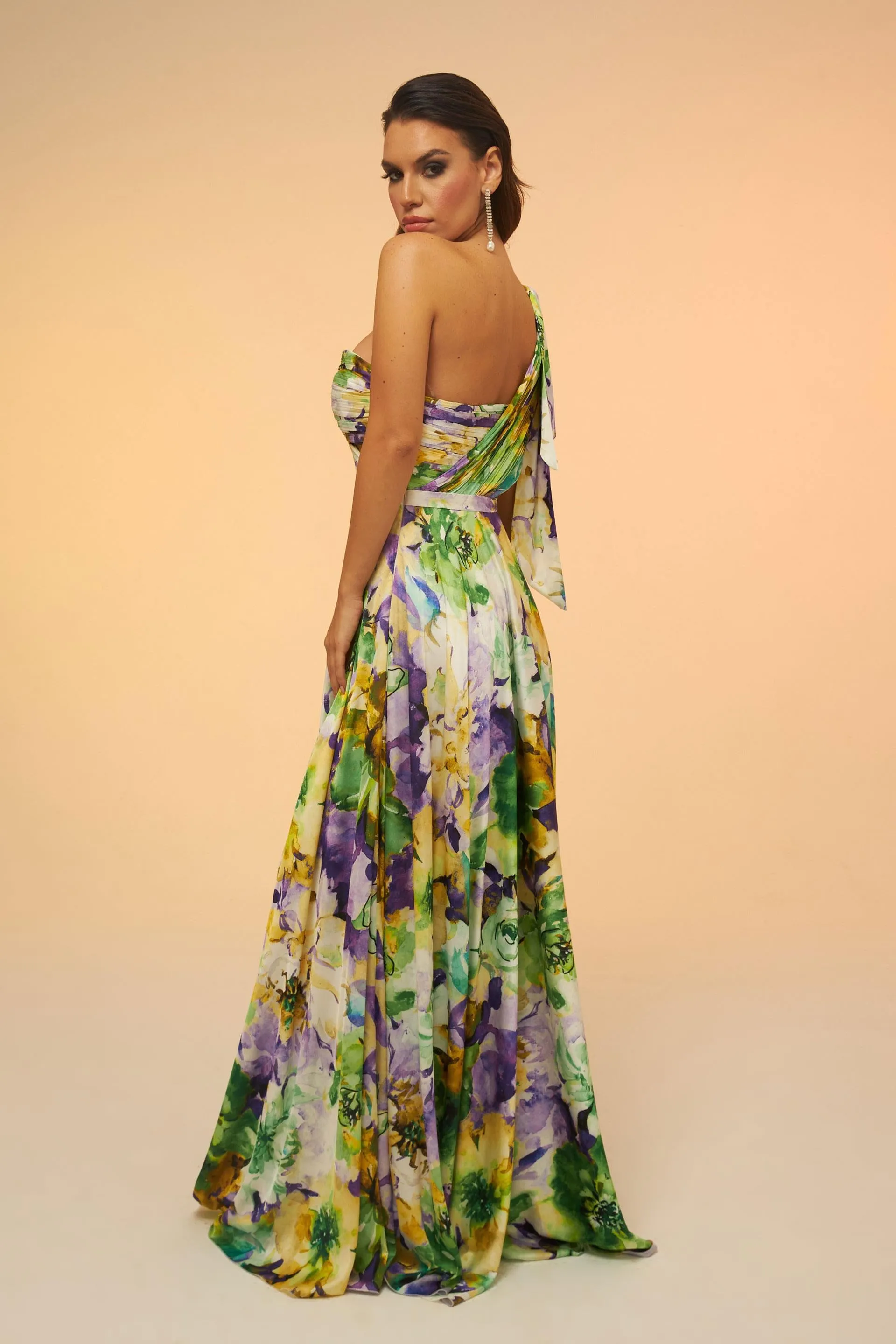 Angelino Green Printed Single Sleeve Long Evening Dress