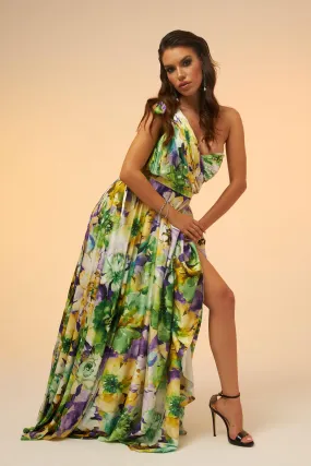 Angelino Green Printed Single Sleeve Long Evening Dress