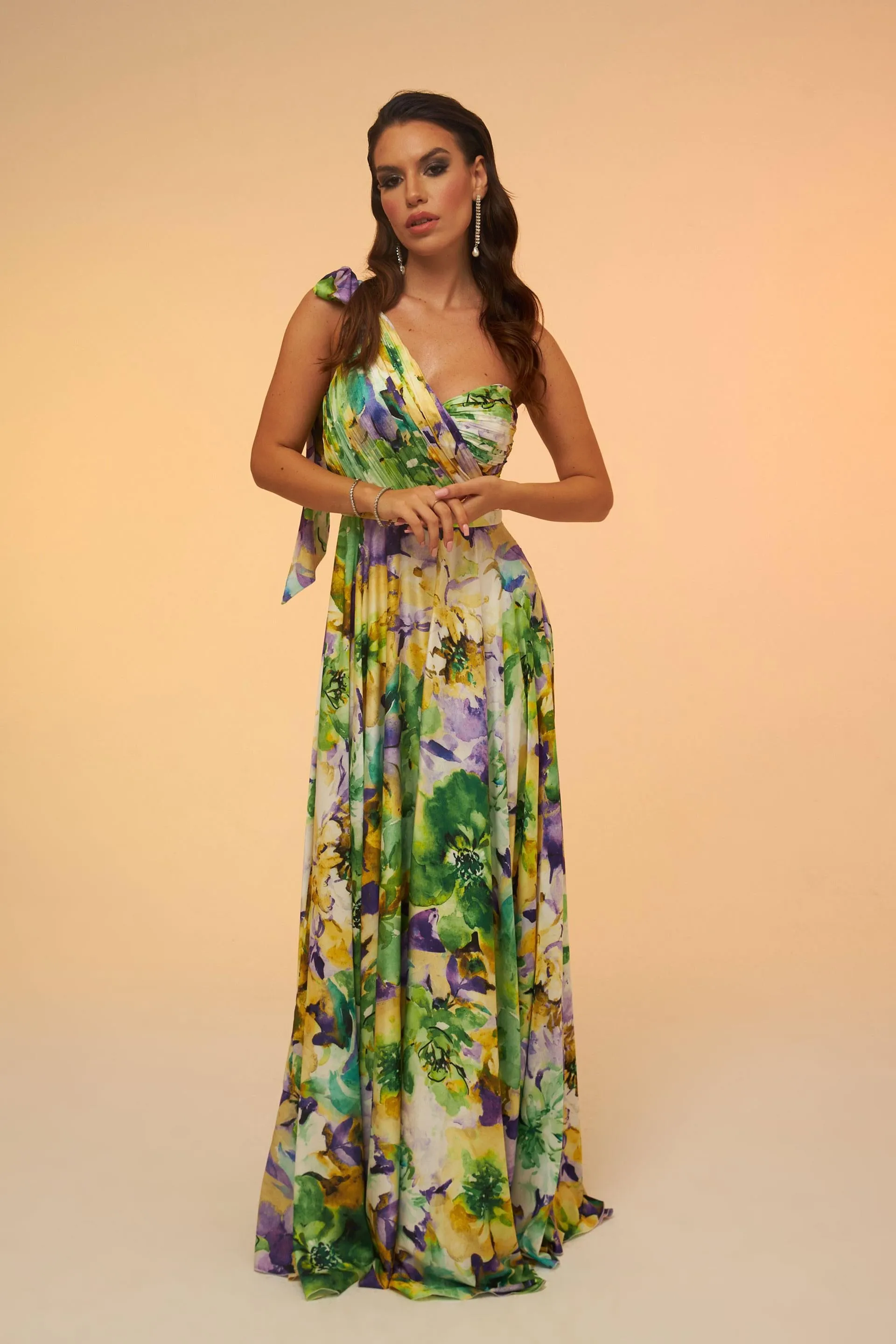 Angelino Green Printed Single Sleeve Long Evening Dress