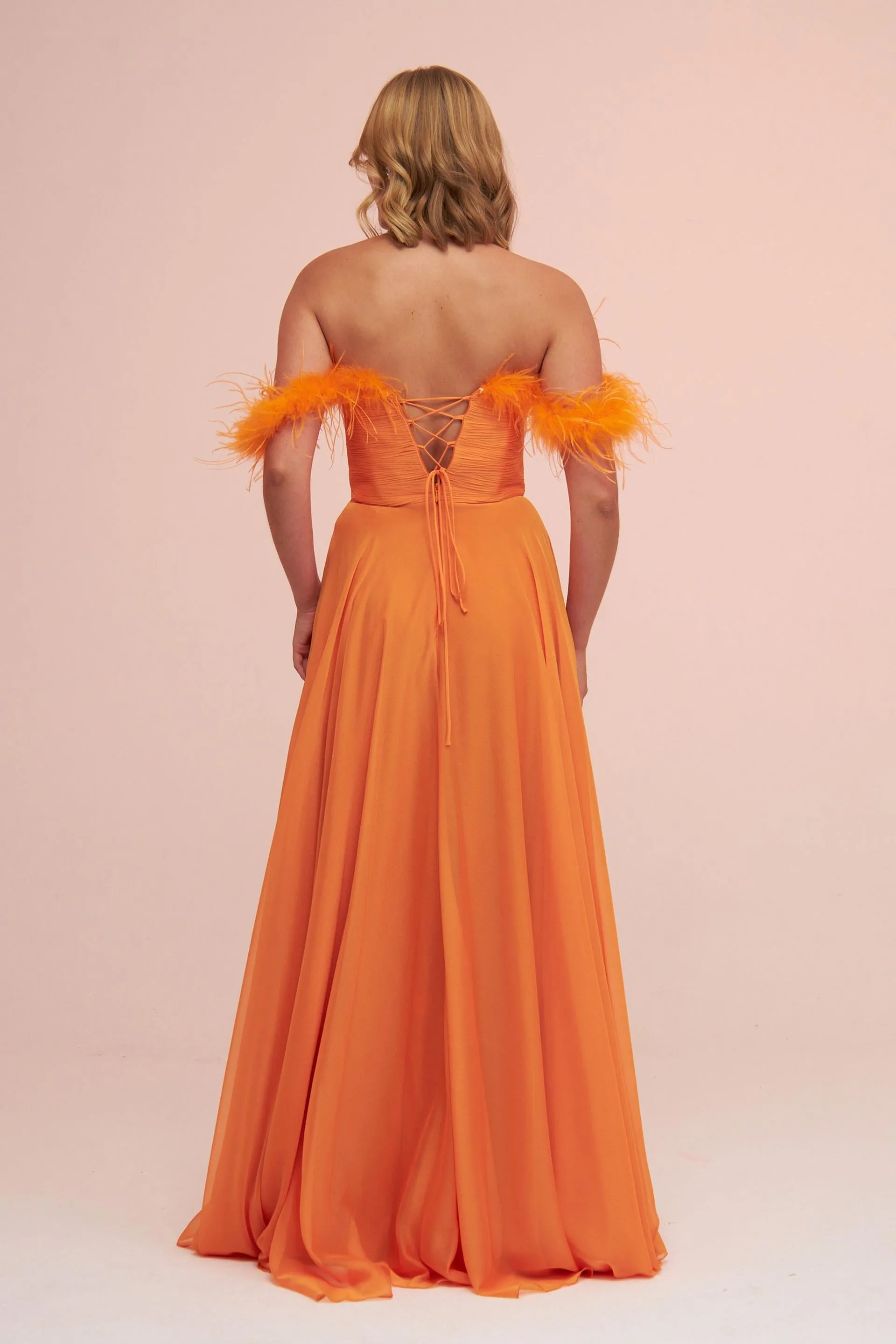 Angelino Orange Chiffon Feathered Slit Long Evening Dress