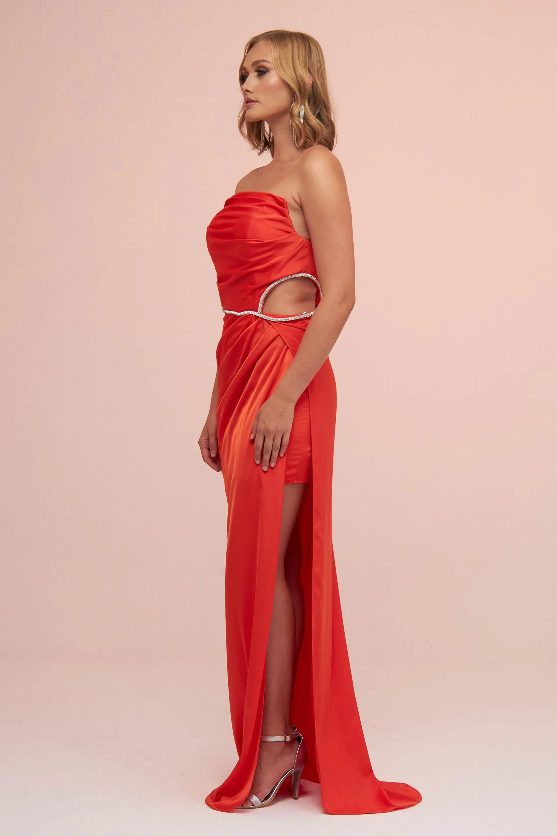 Angelino Orange Satin Strapless Long Evening Dress with Side Slit