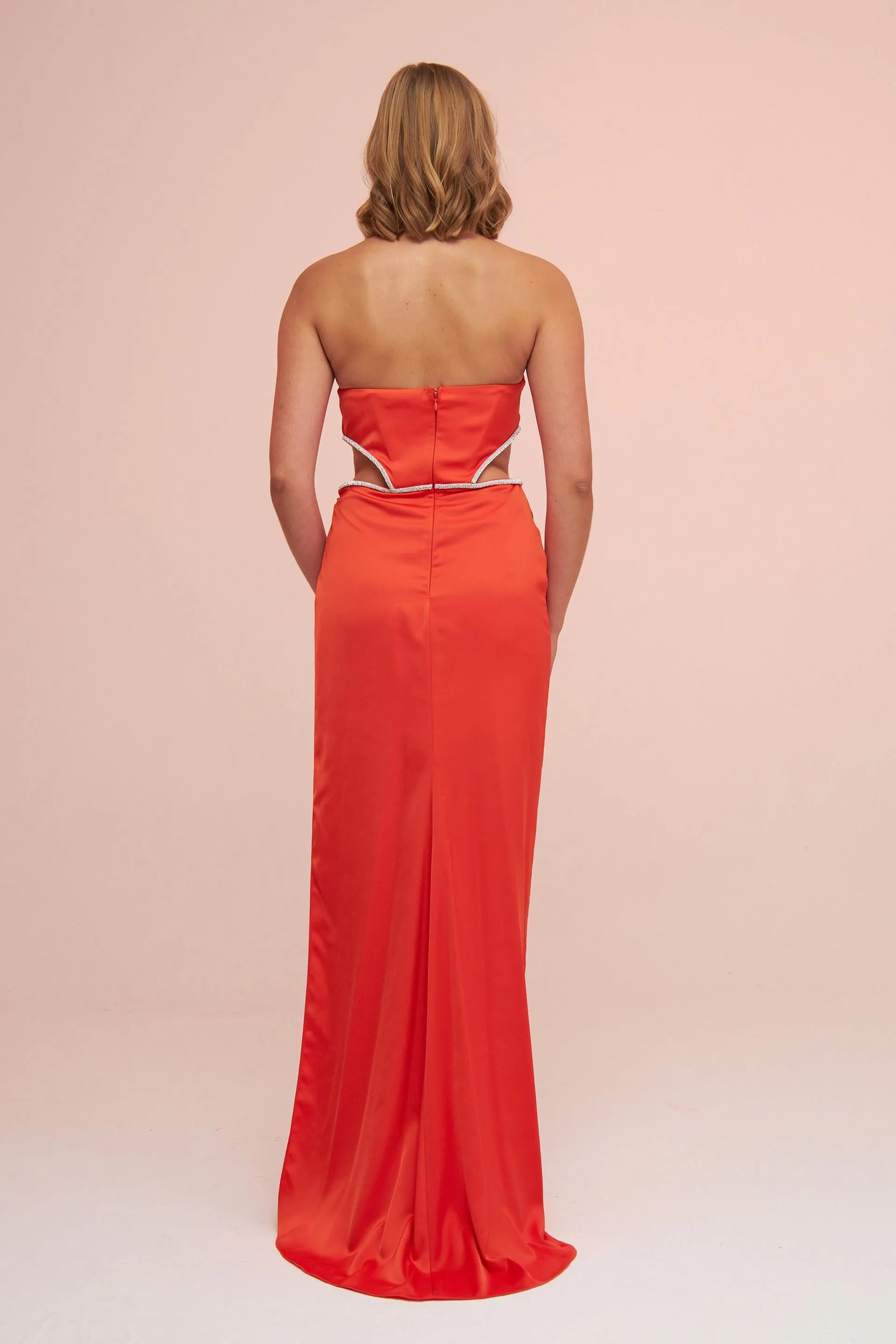 Angelino Orange Satin Strapless Long Evening Dress with Side Slit