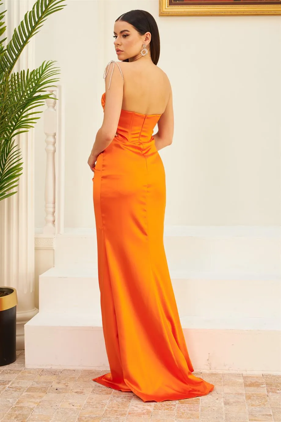 Angelino Orange Satin Tied Long Evening Dress and Invitation Dress