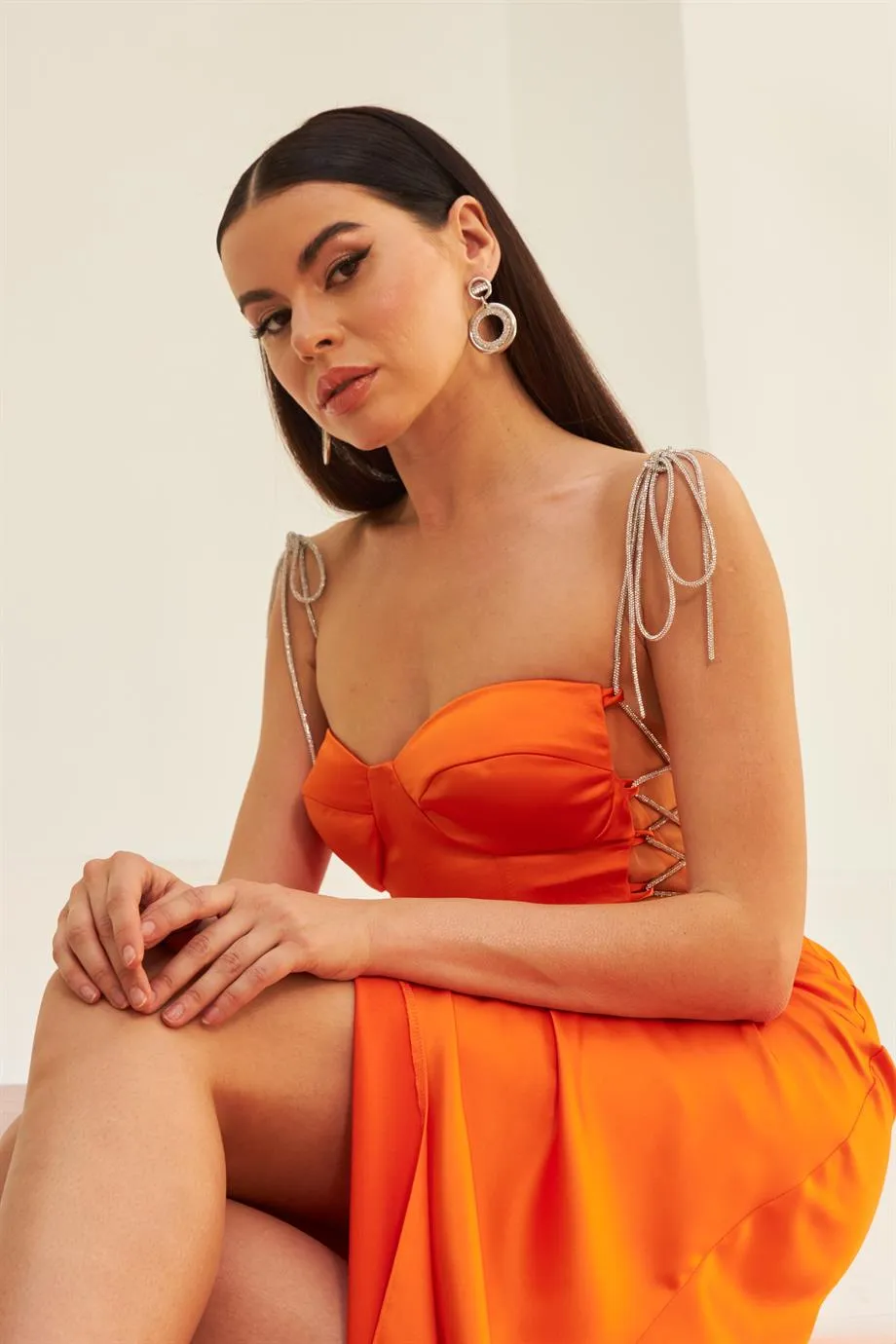 Angelino Orange Satin Tied Long Evening Dress and Invitation Dress