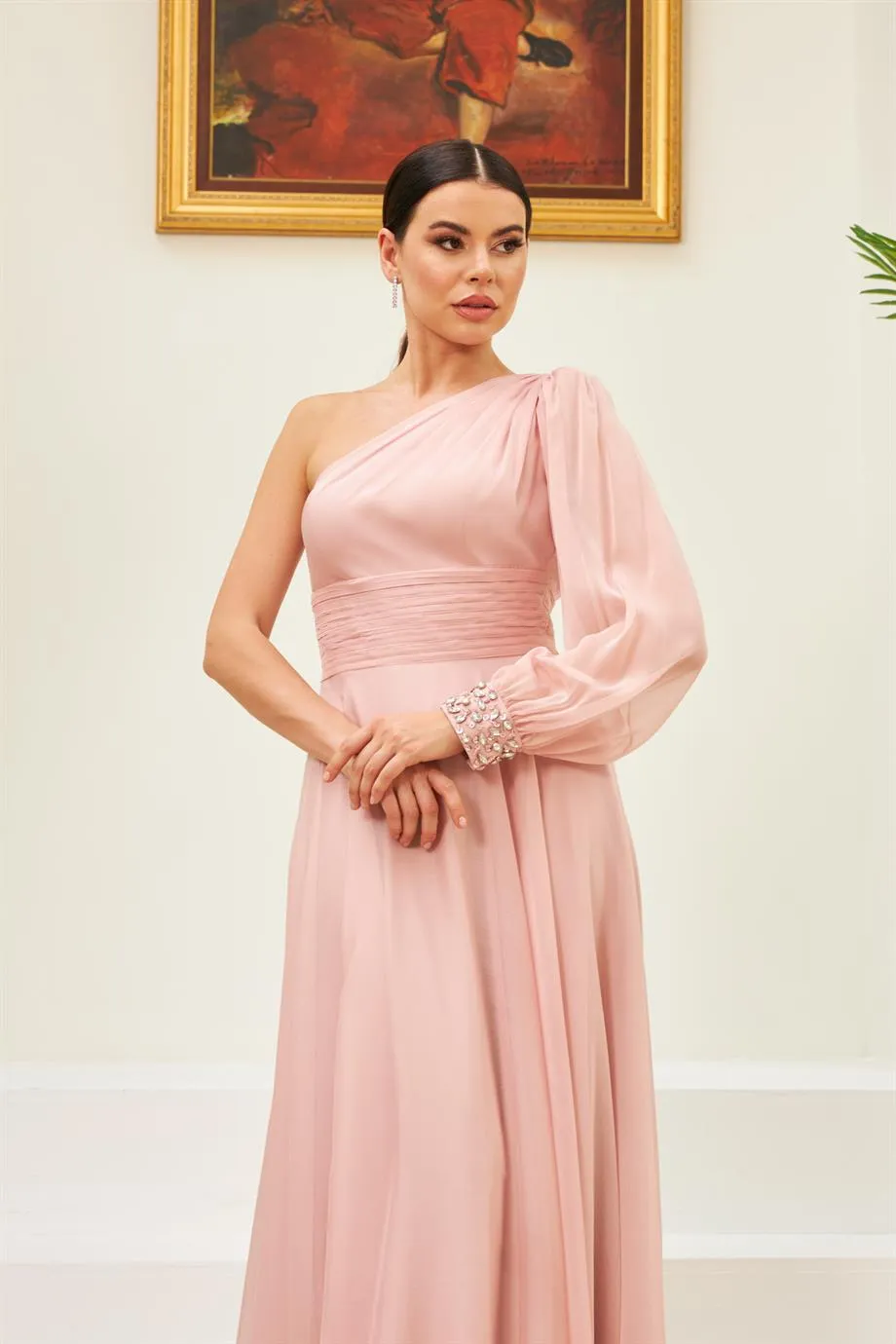 Angelino Powder Chiffon One Arm Embroidered Long Evening Dress