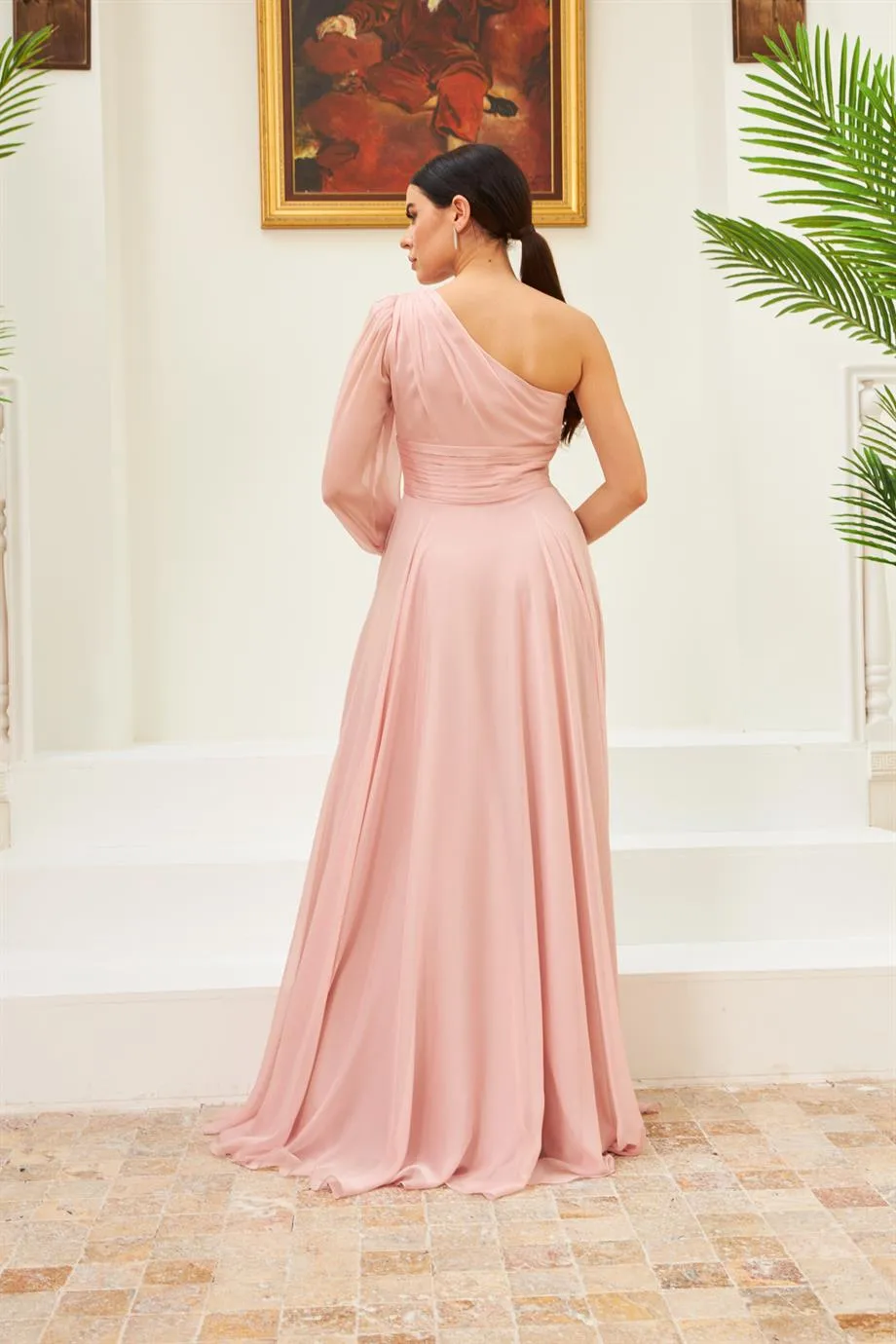 Angelino Powder Chiffon One Arm Embroidered Long Evening Dress
