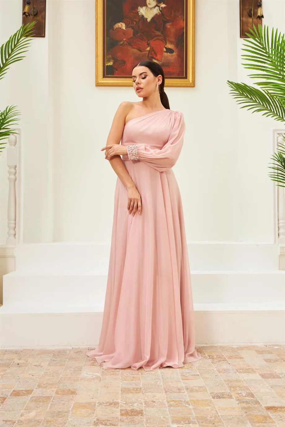 Angelino Powder Chiffon One Arm Embroidered Long Evening Dress