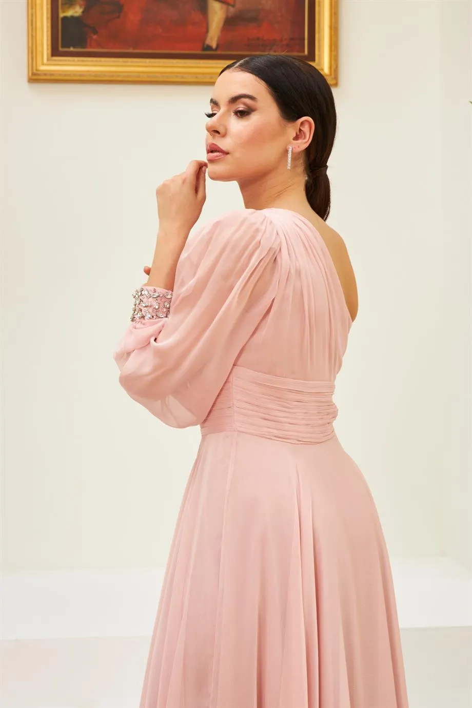 Angelino Powder Chiffon One Arm Embroidered Long Evening Dress
