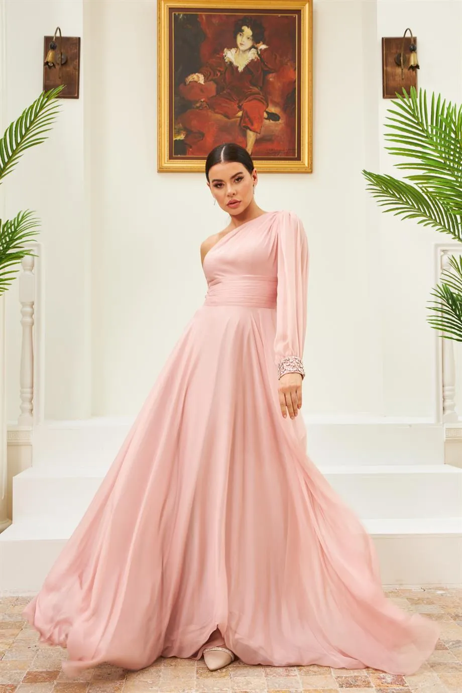 Angelino Powder Chiffon One Arm Embroidered Long Evening Dress