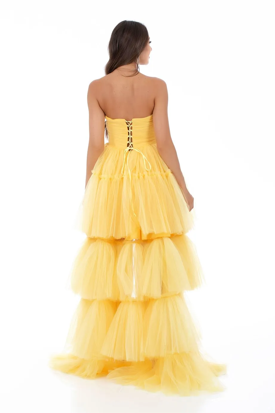 Angelino Yellow Tulle Ruffle Long Evening Dress