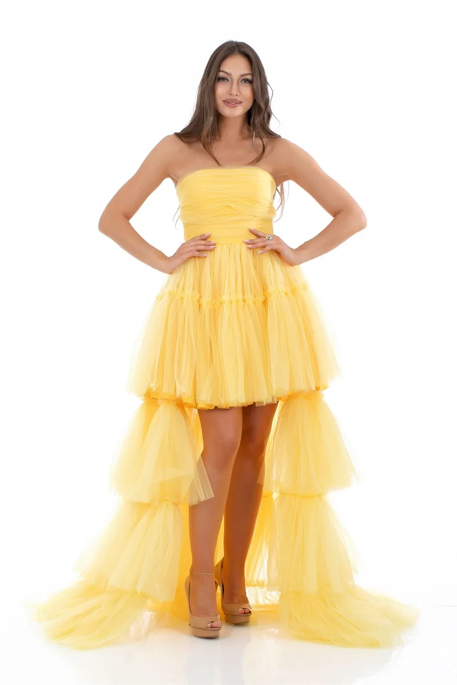 Angelino Yellow Tulle Ruffle Long Evening Dress