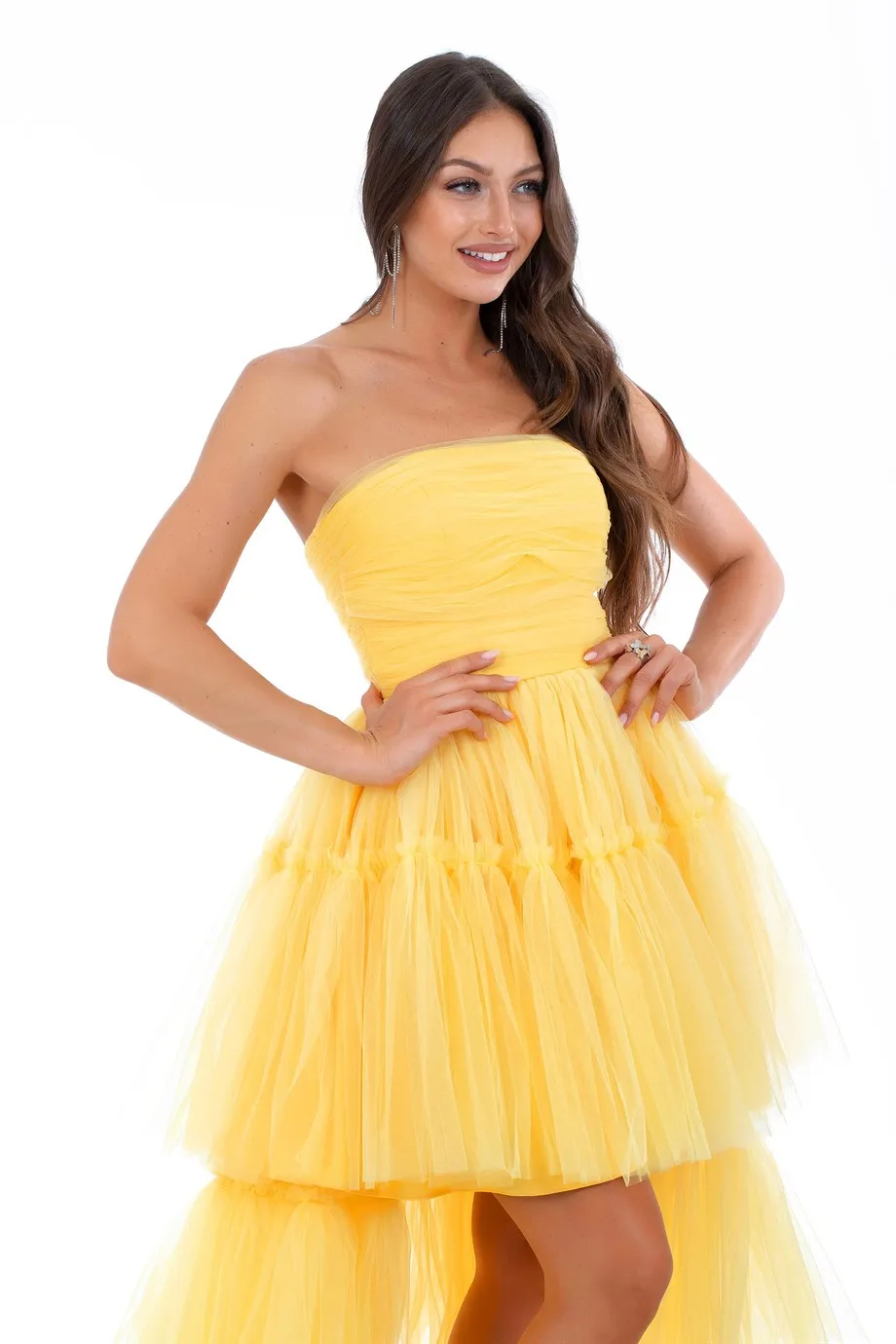 Angelino Yellow Tulle Ruffle Long Evening Dress