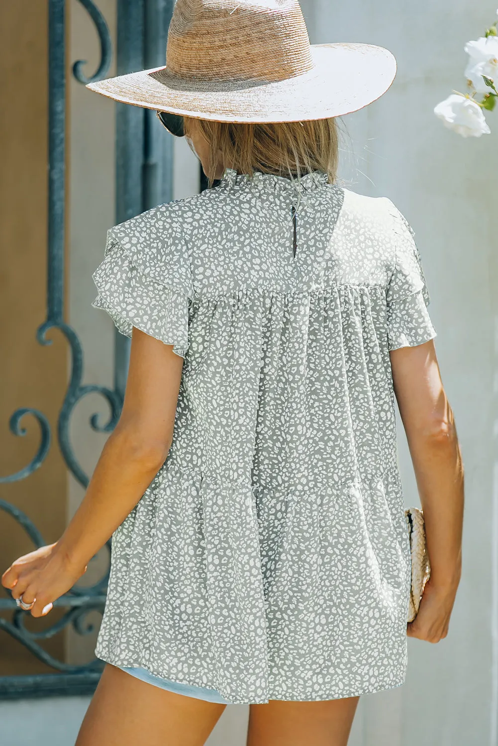 Animal Print Ruffled Sleeve Babydoll Top