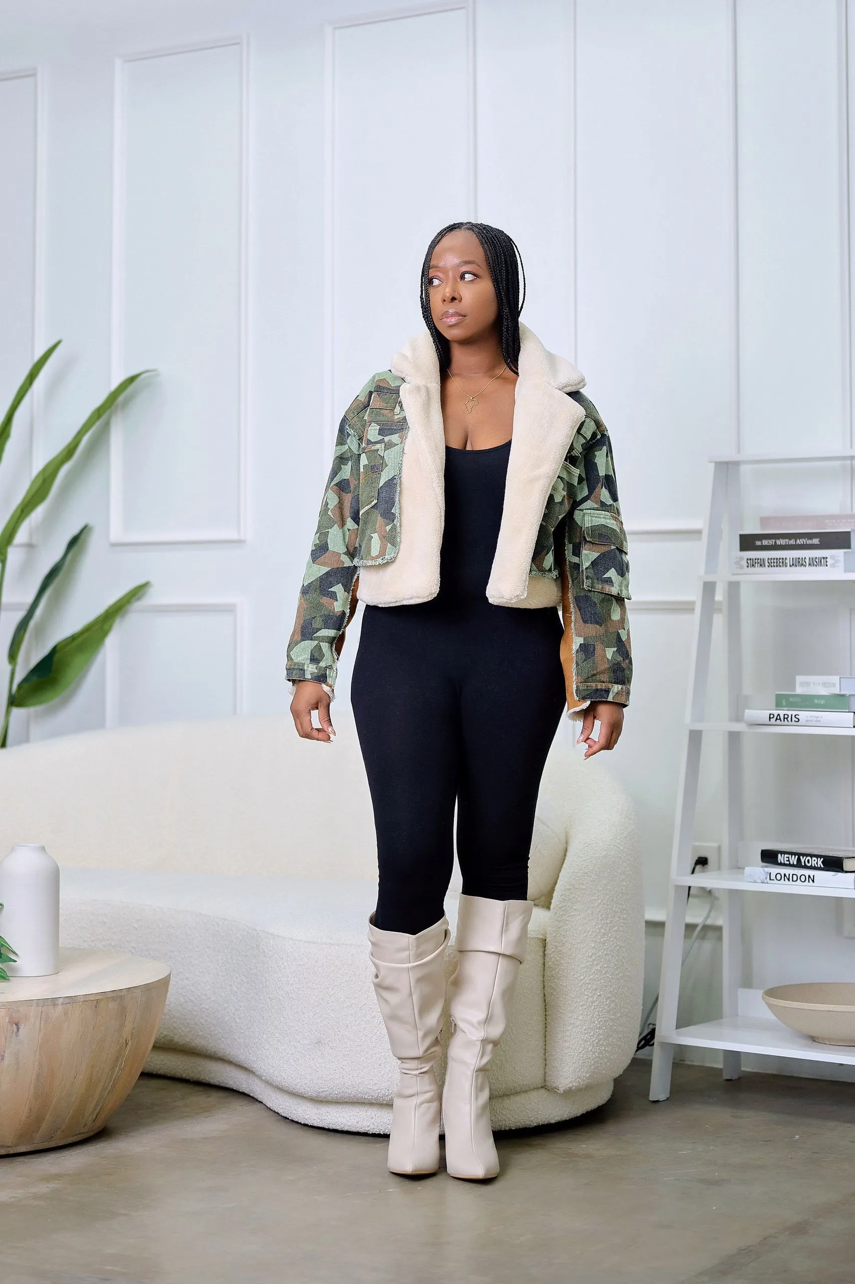 Anjola Sherpa Fleeced Oversized Camouflage Jacket