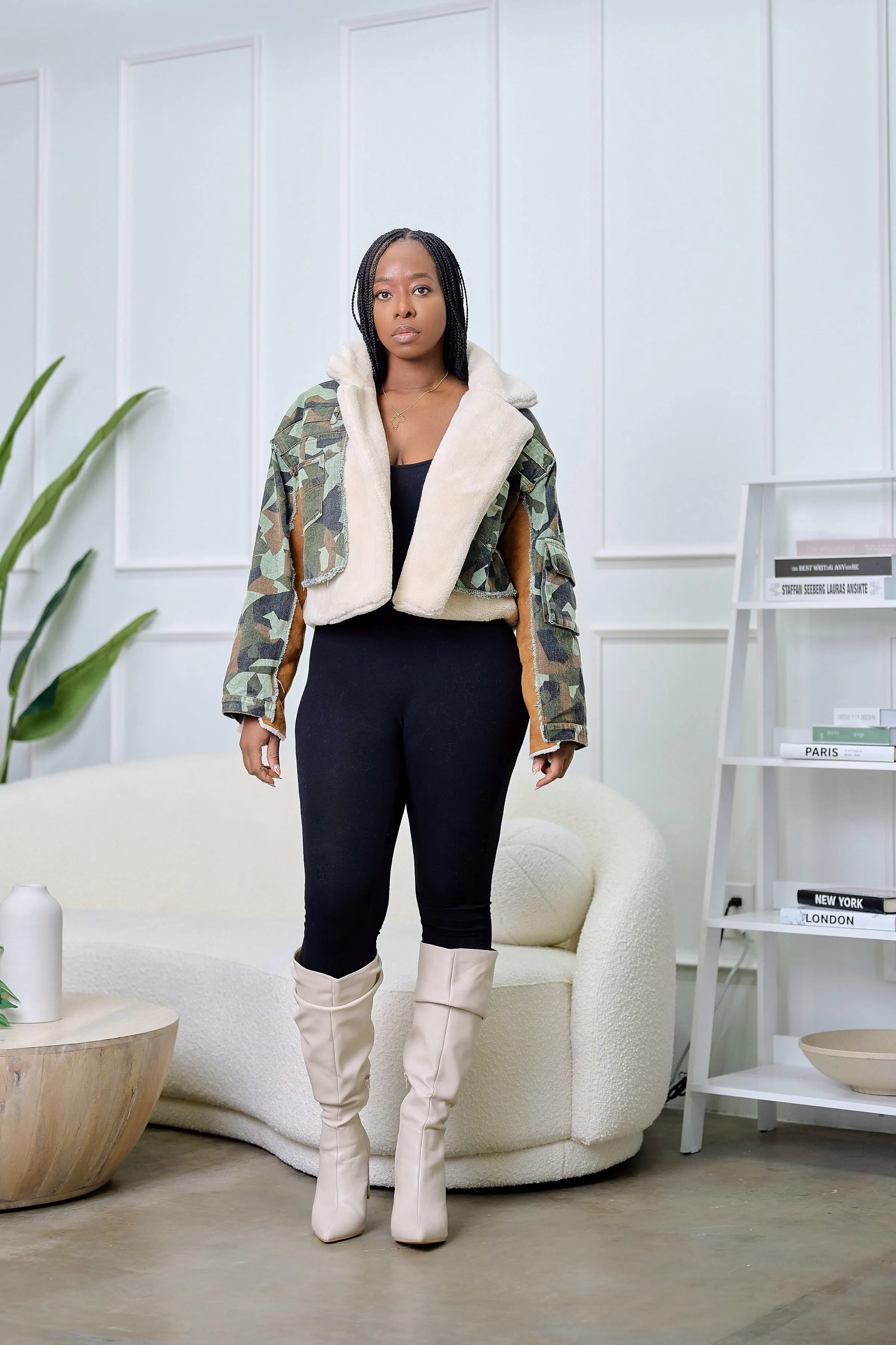 Anjola Sherpa Fleeced Oversized Camouflage Jacket