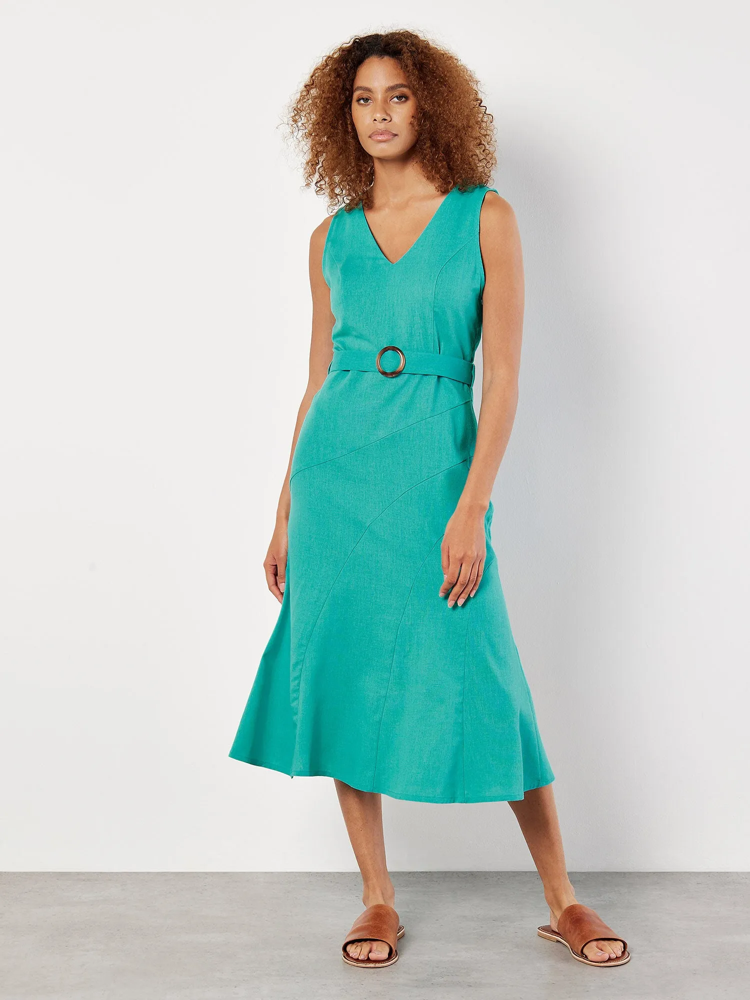 Apricot Linen Blend Belted Midi Dress
