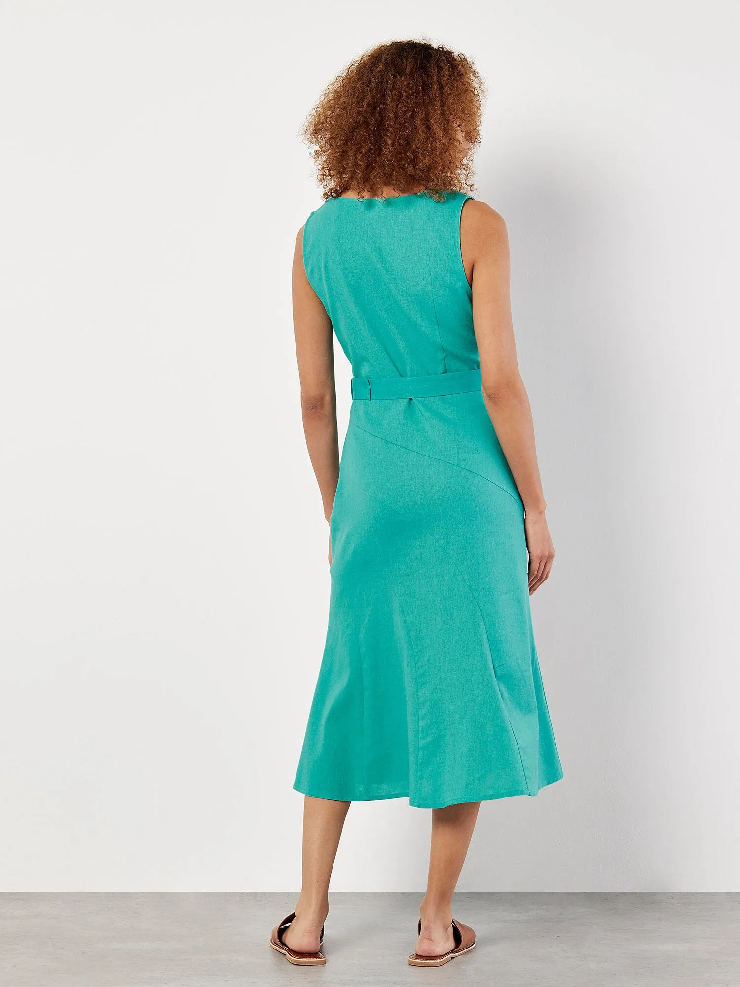 Apricot Linen Blend Belted Midi Dress