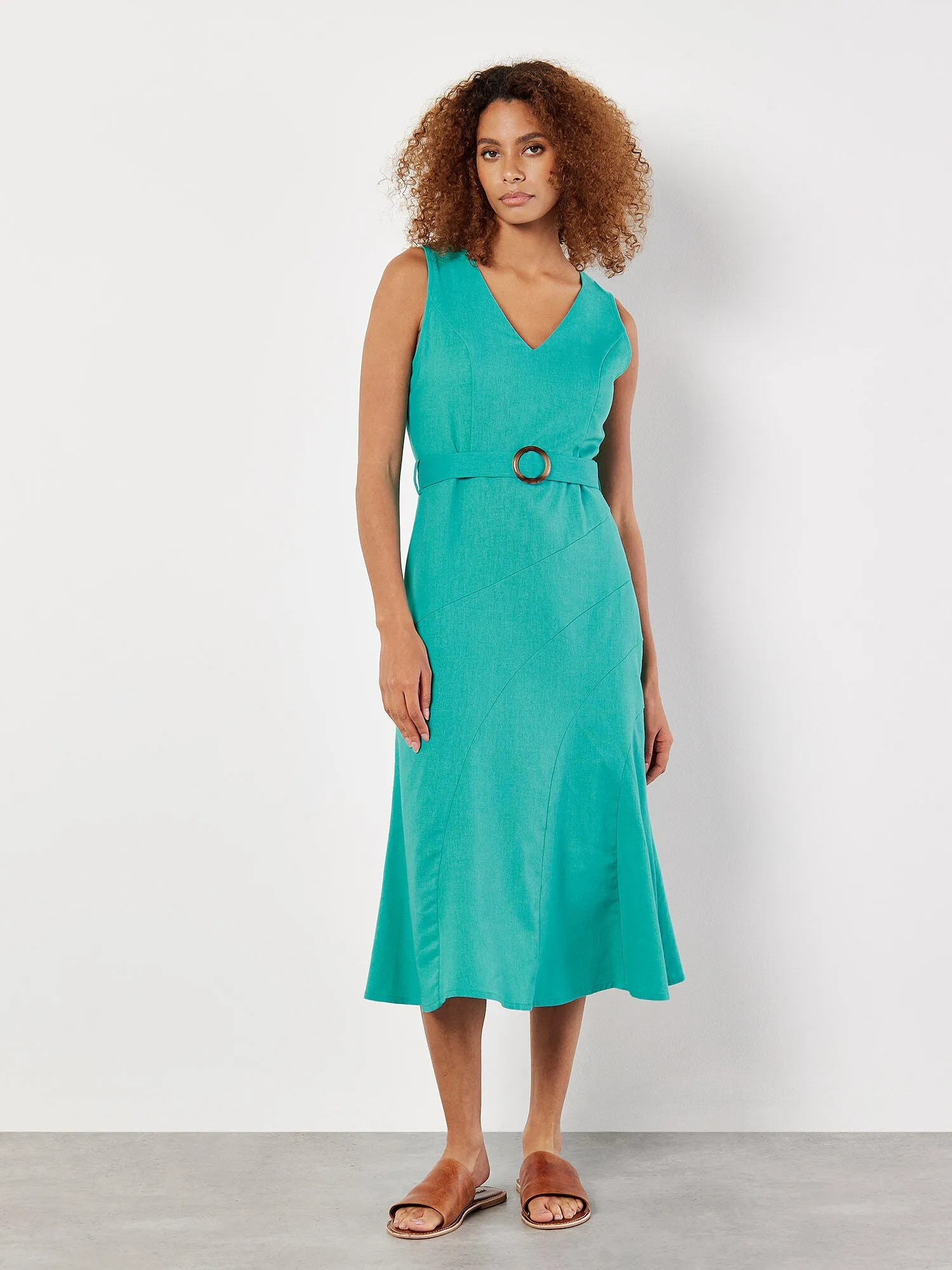Apricot Linen Blend Belted Midi Dress