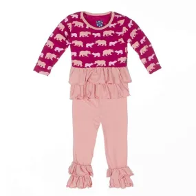Bamboo Long Sleeve Double Ruffle Outfit Set, Rhododendron Brown Bear