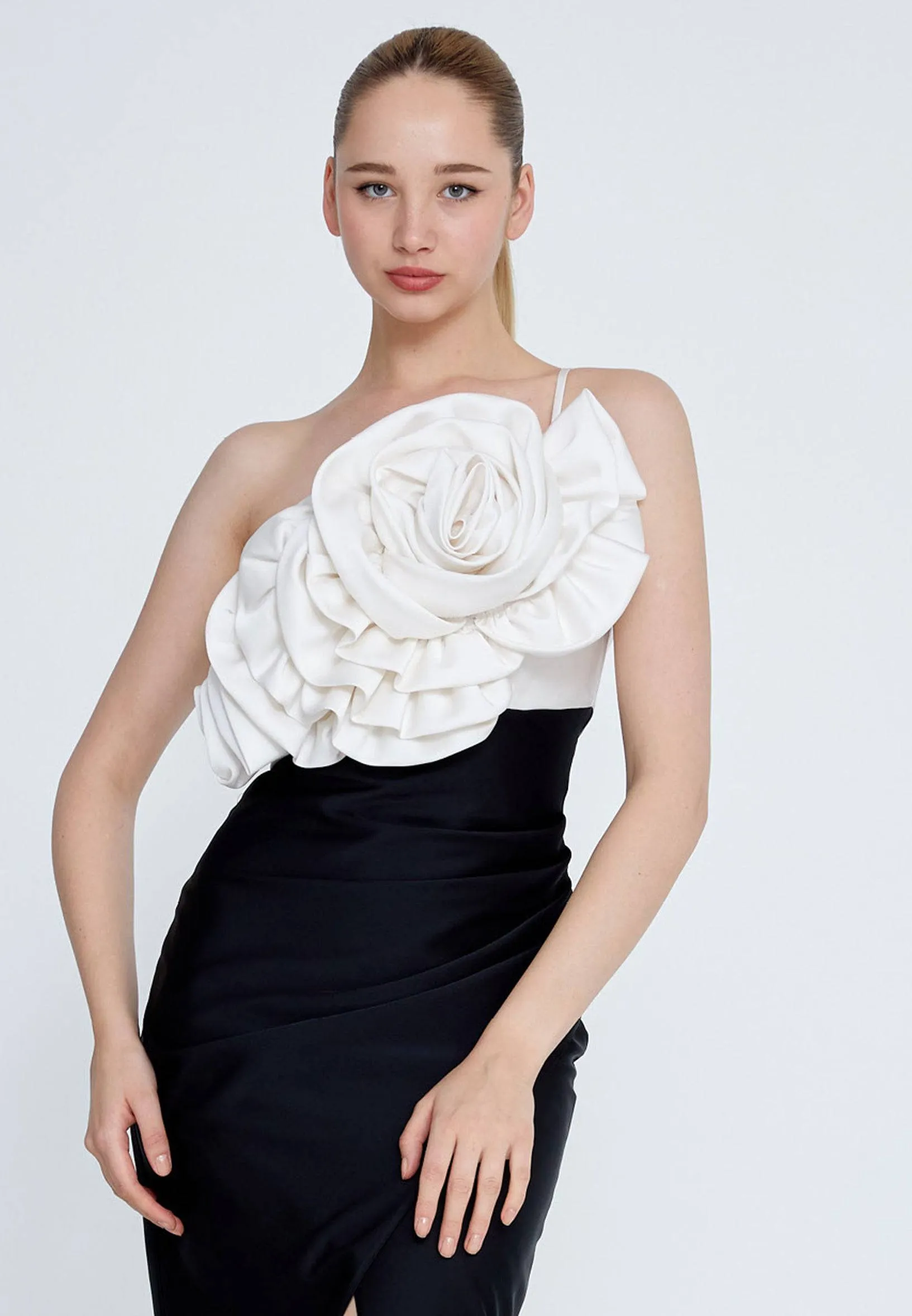 Black and white long dress with big flower