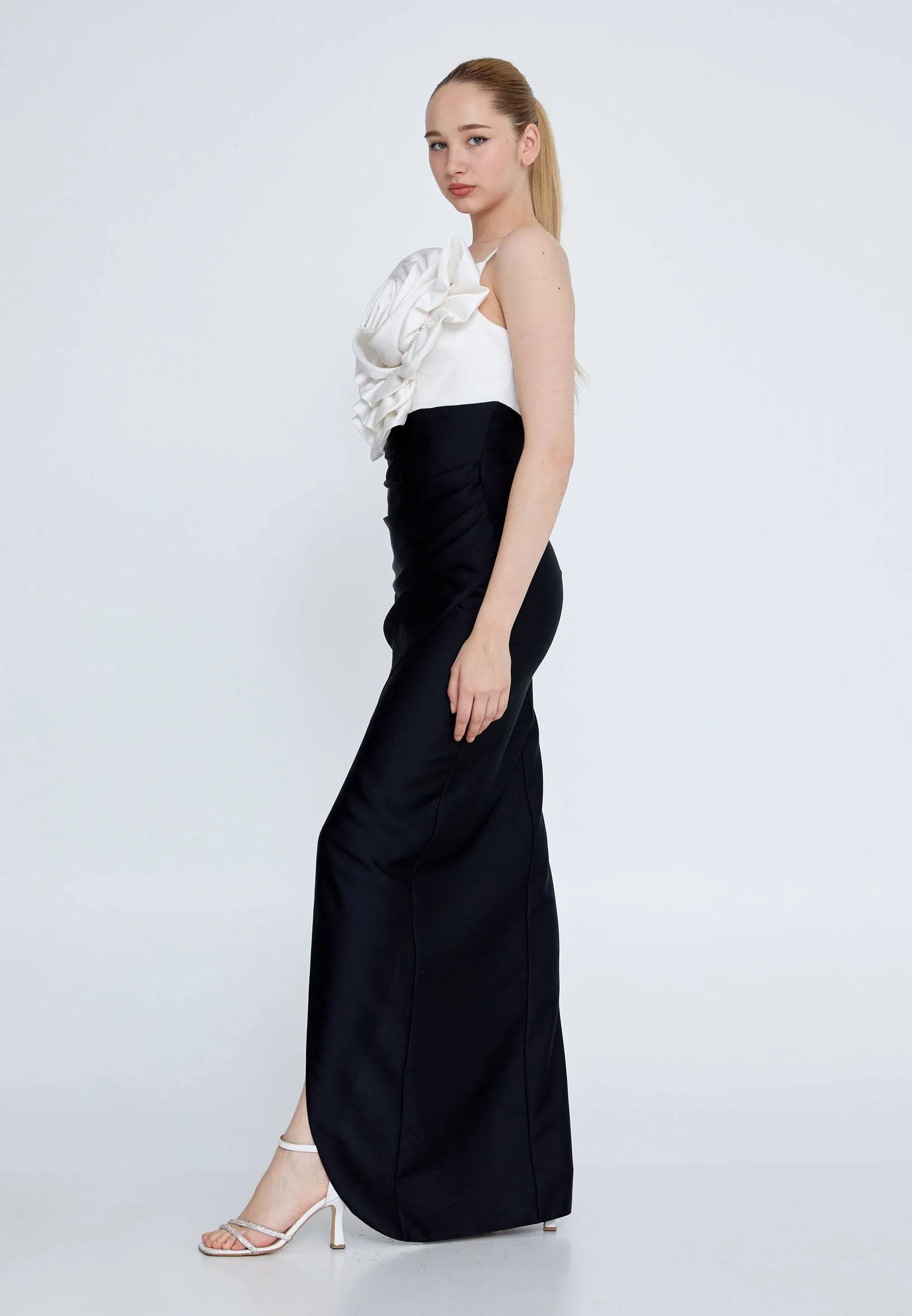 Black and white long dress with big flower