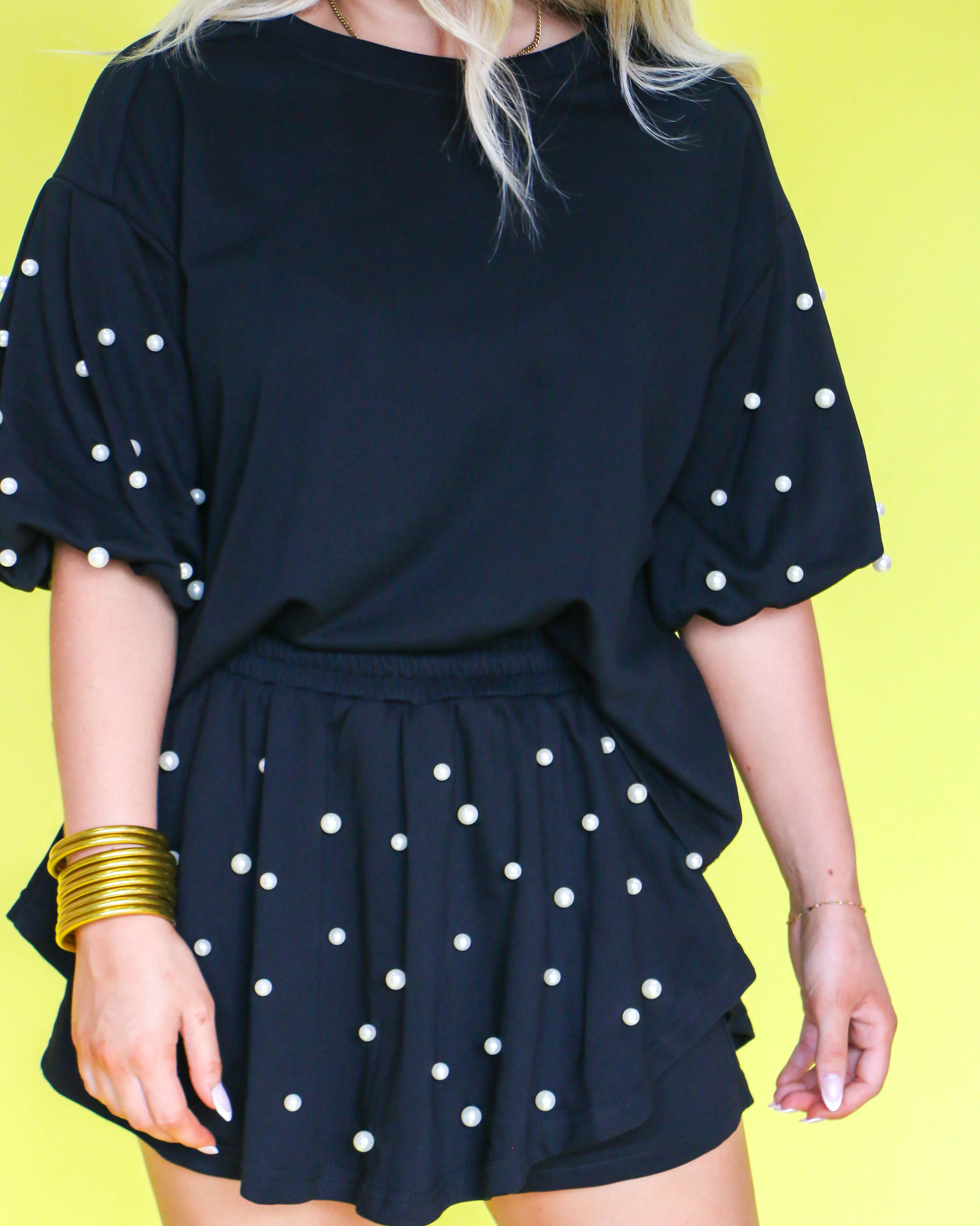 Black Puff Sleeve Set with Pearl Skort