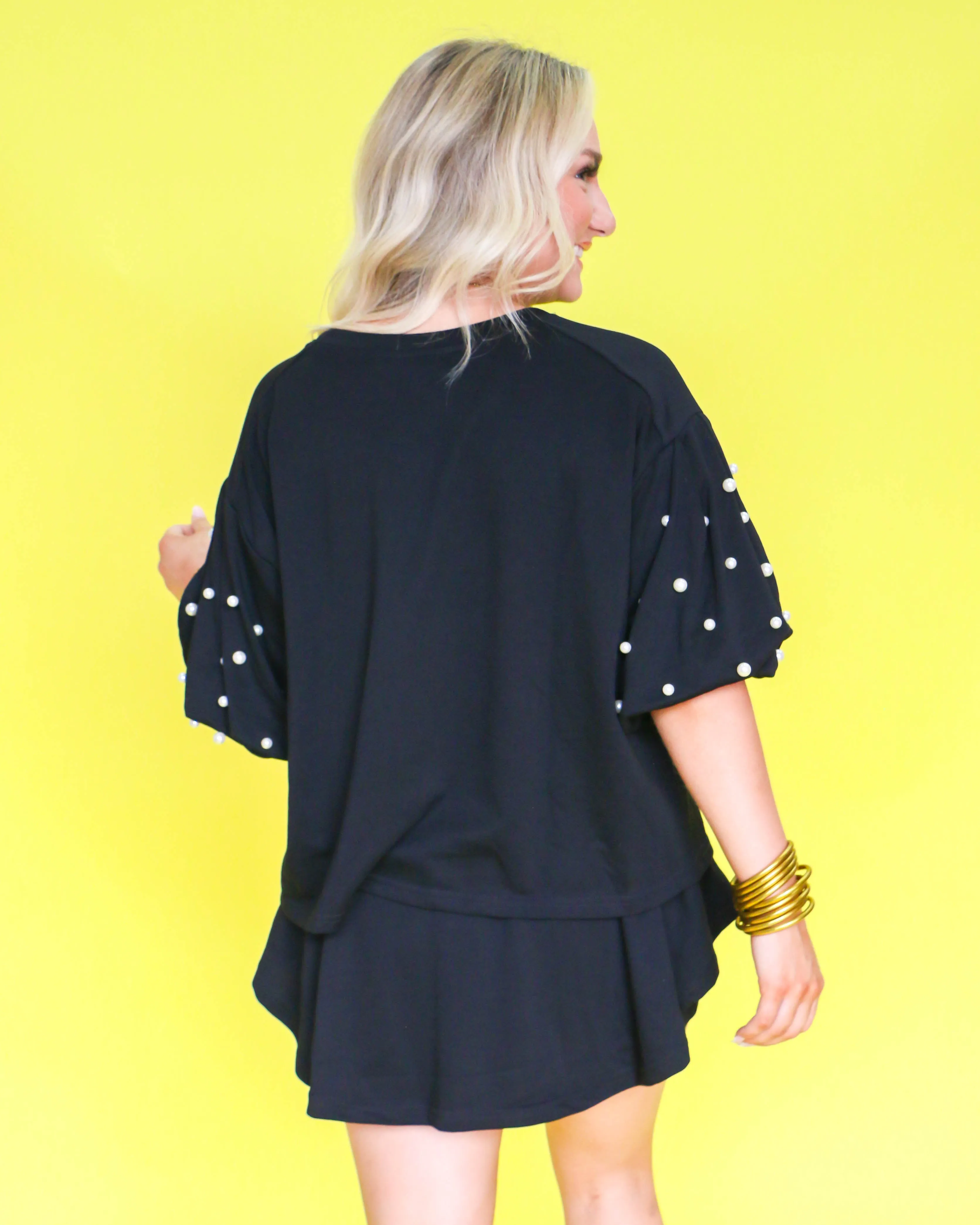 Black Puff Sleeve Set with Pearl Skort