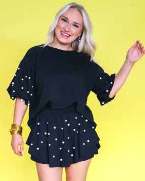 Black Puff Sleeve Set with Pearl Skort