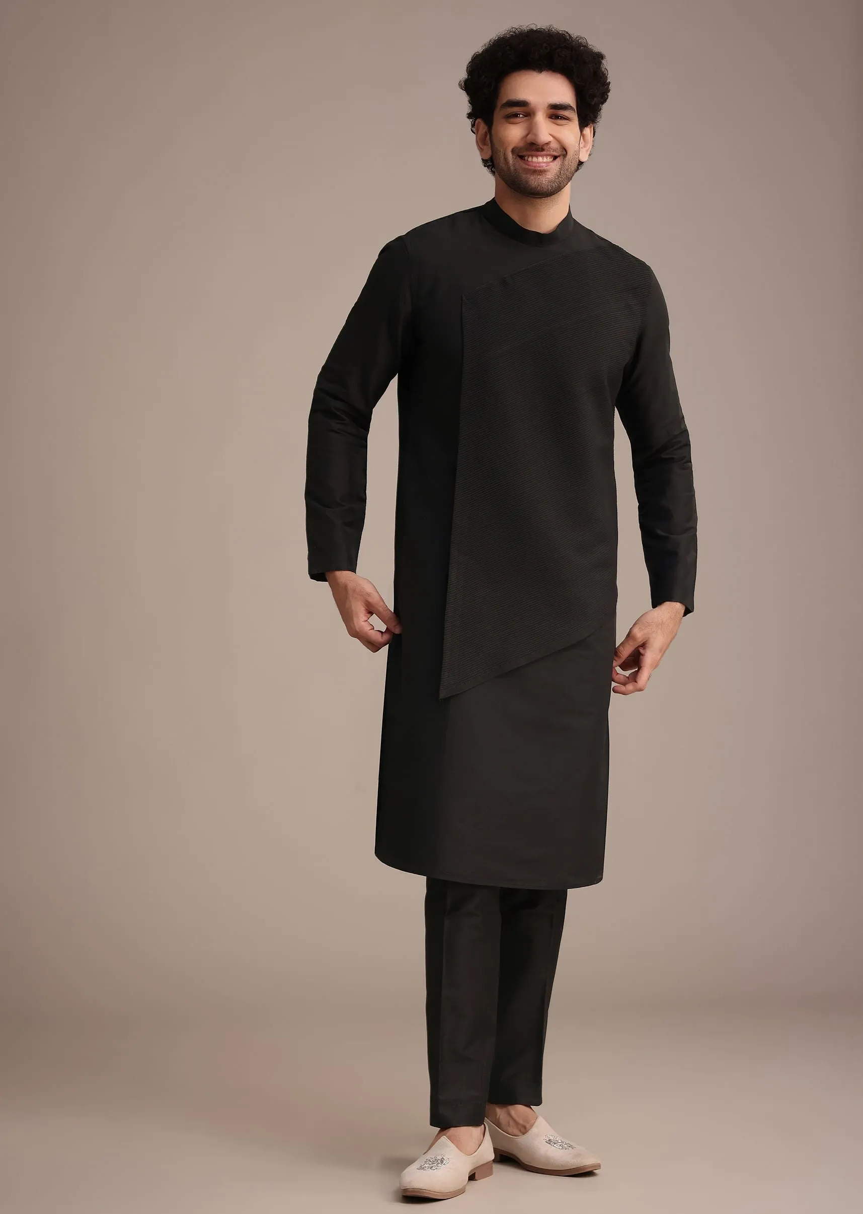 Black Silk Blend Pintuck Kurta Jacket Set