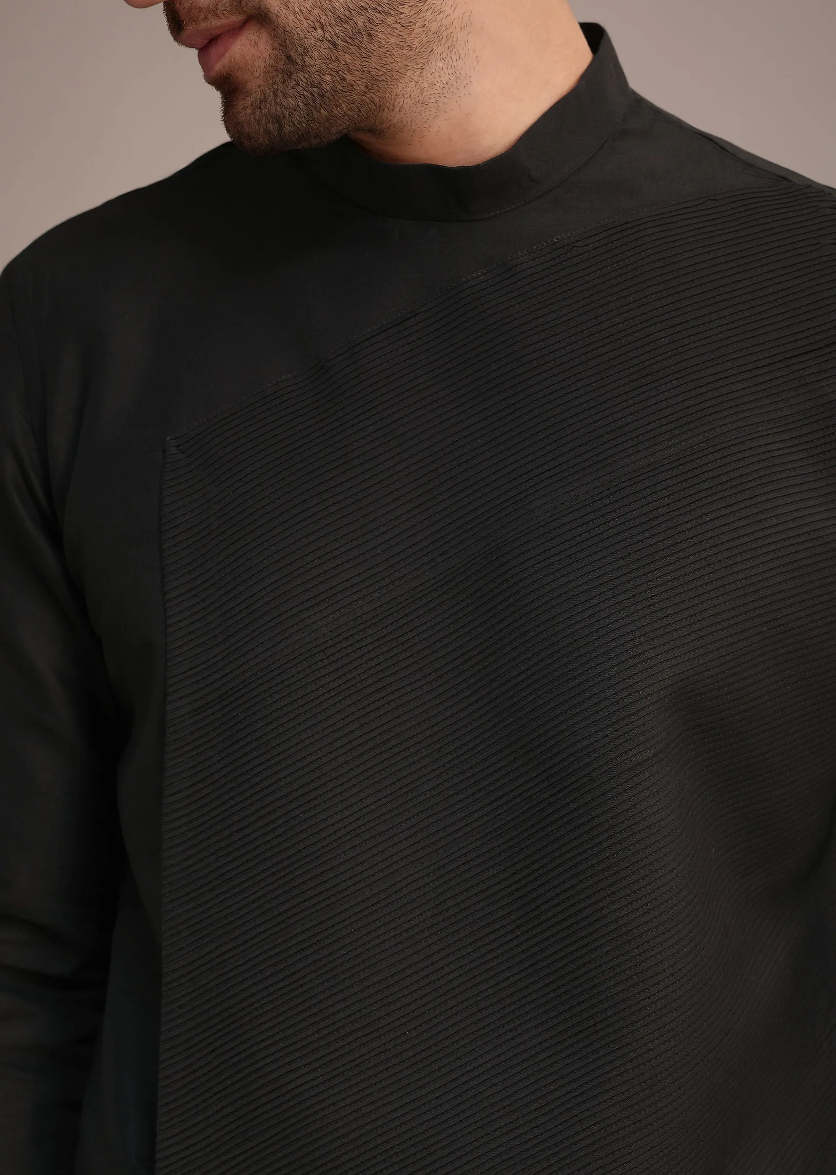 Black Silk Blend Pintuck Kurta Jacket Set