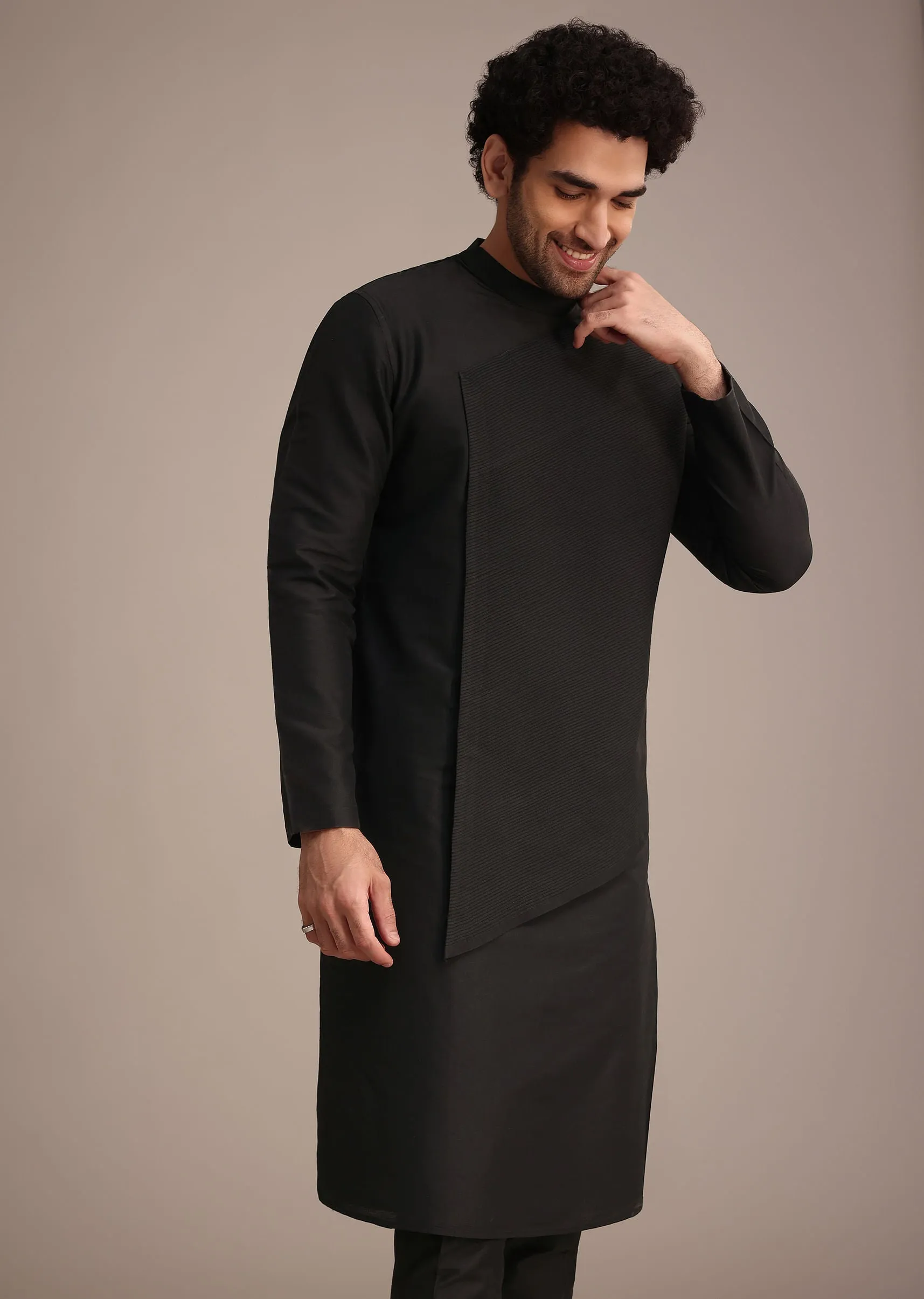 Black Silk Blend Pintuck Kurta Jacket Set