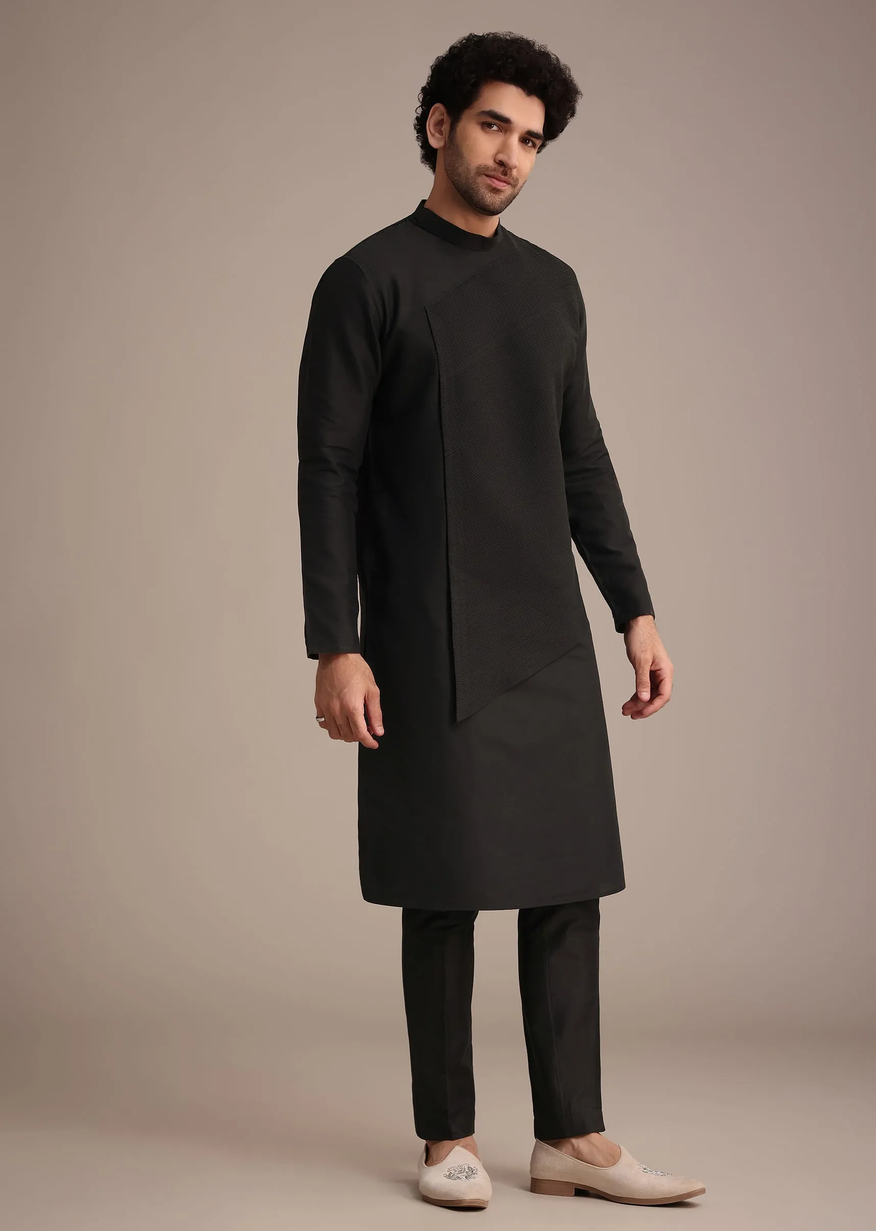 Black Silk Blend Pintuck Kurta Jacket Set