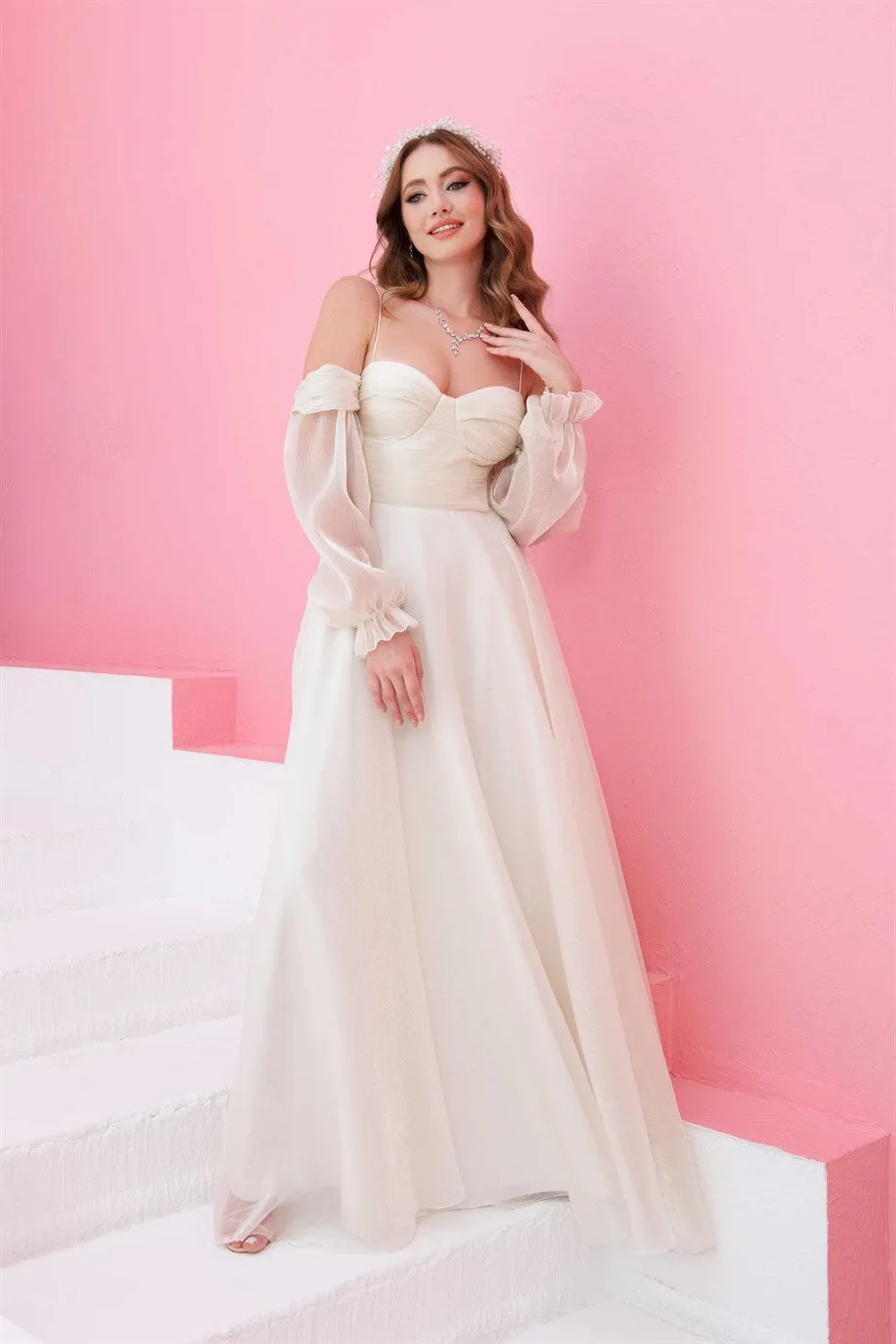 Ecru Organza Low Sleeve Wedding Evening Dress