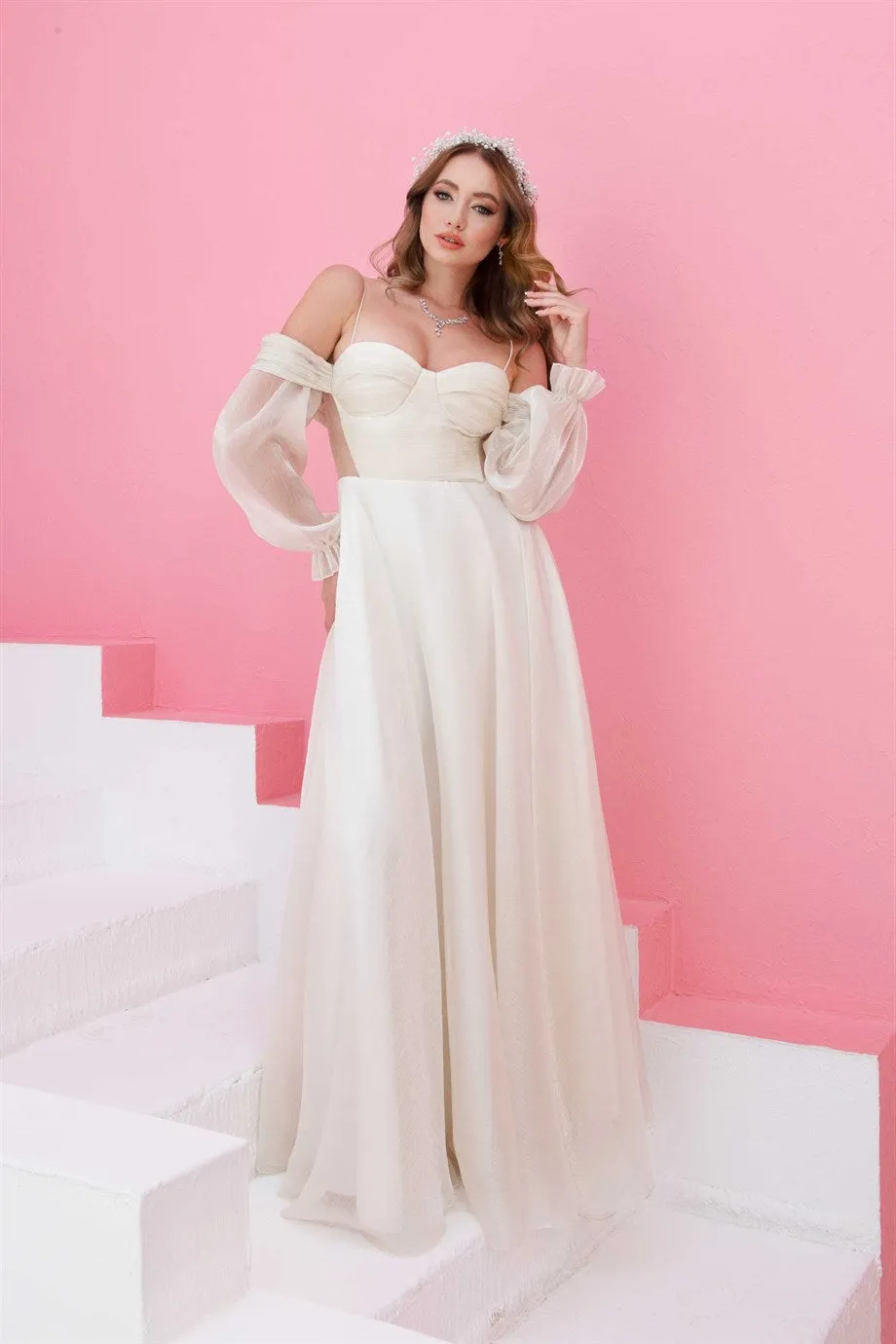 Ecru Organza Low Sleeve Wedding Evening Dress