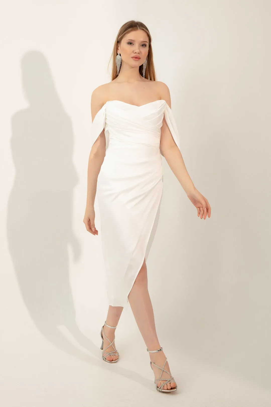 Female Kayık Yaka Drapeli Midi Evening Dresses