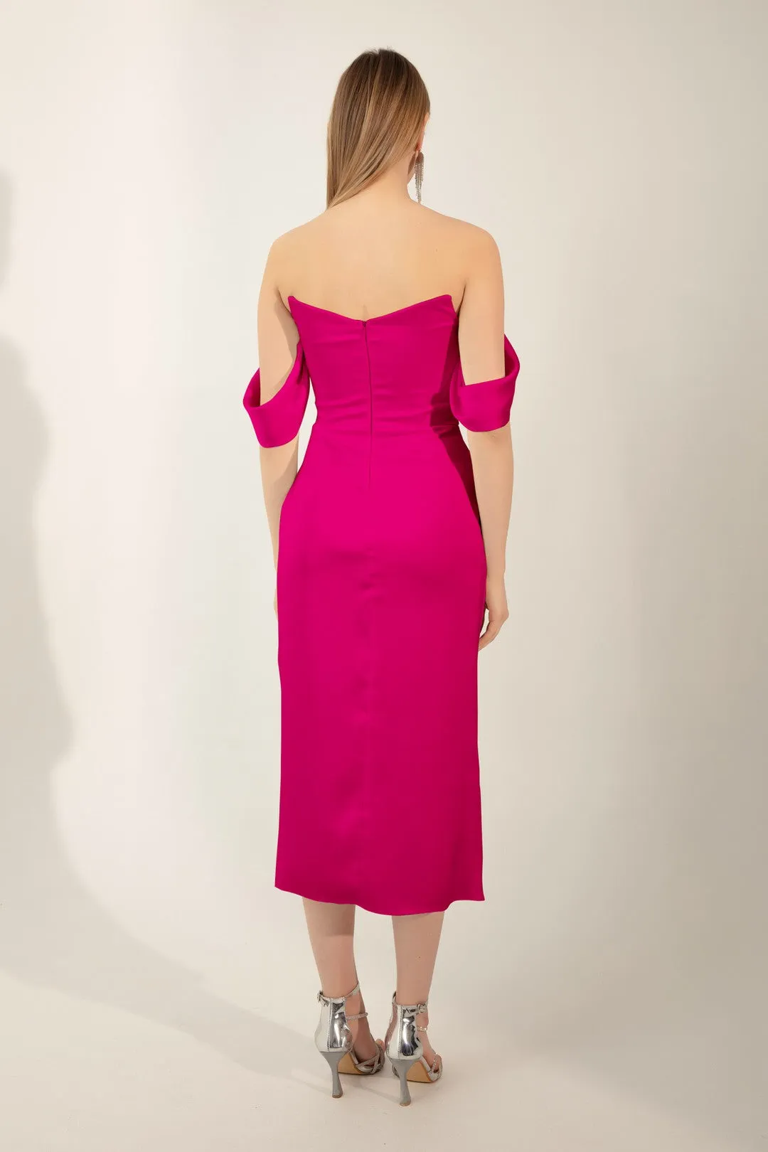 Female Kayık Yaka Drapeli Midi Evening Dresses